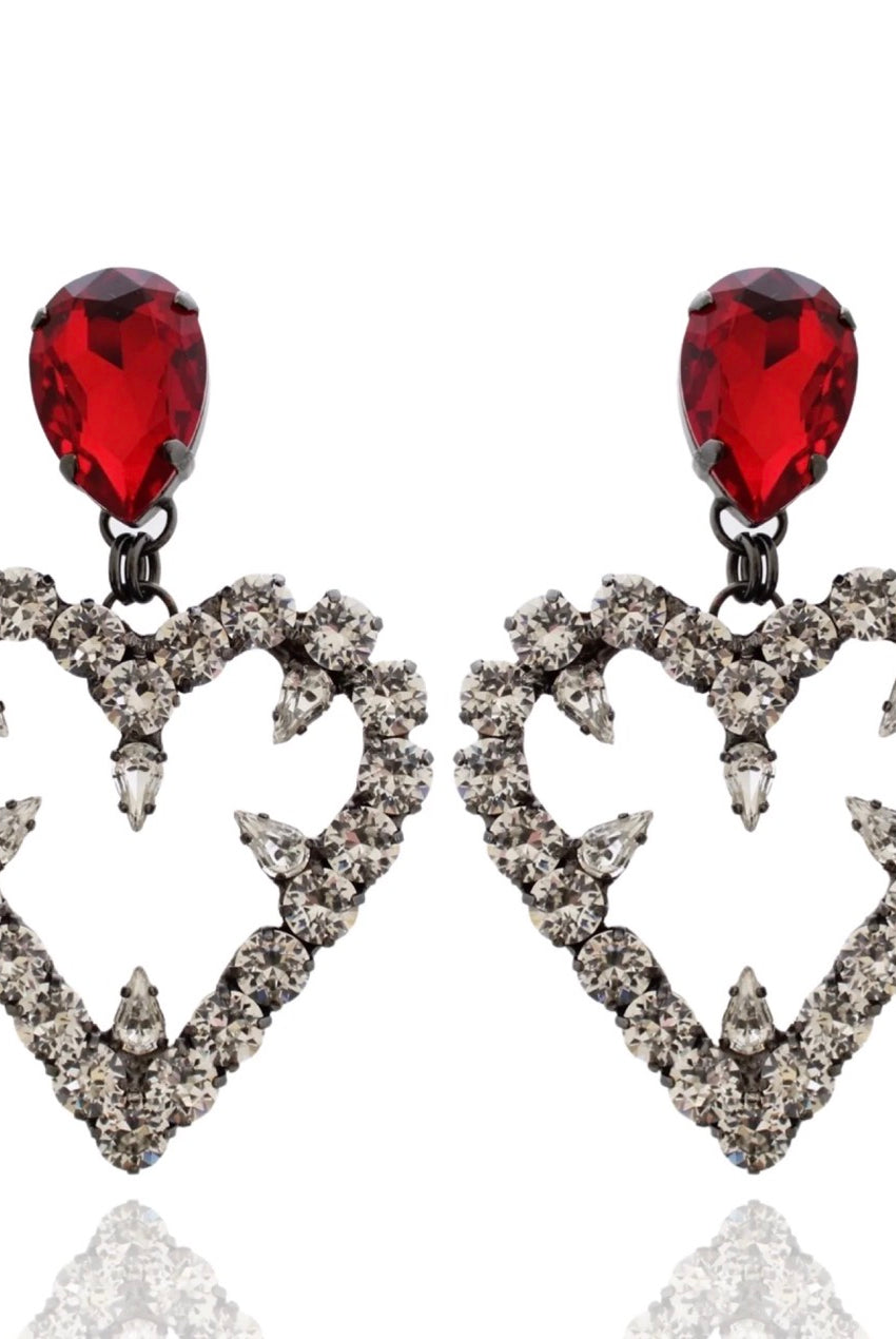 SACRED HEART RUBY & CRYSTAL EARRINGS by House of Emmanuel available for hire in Bondi, NSW