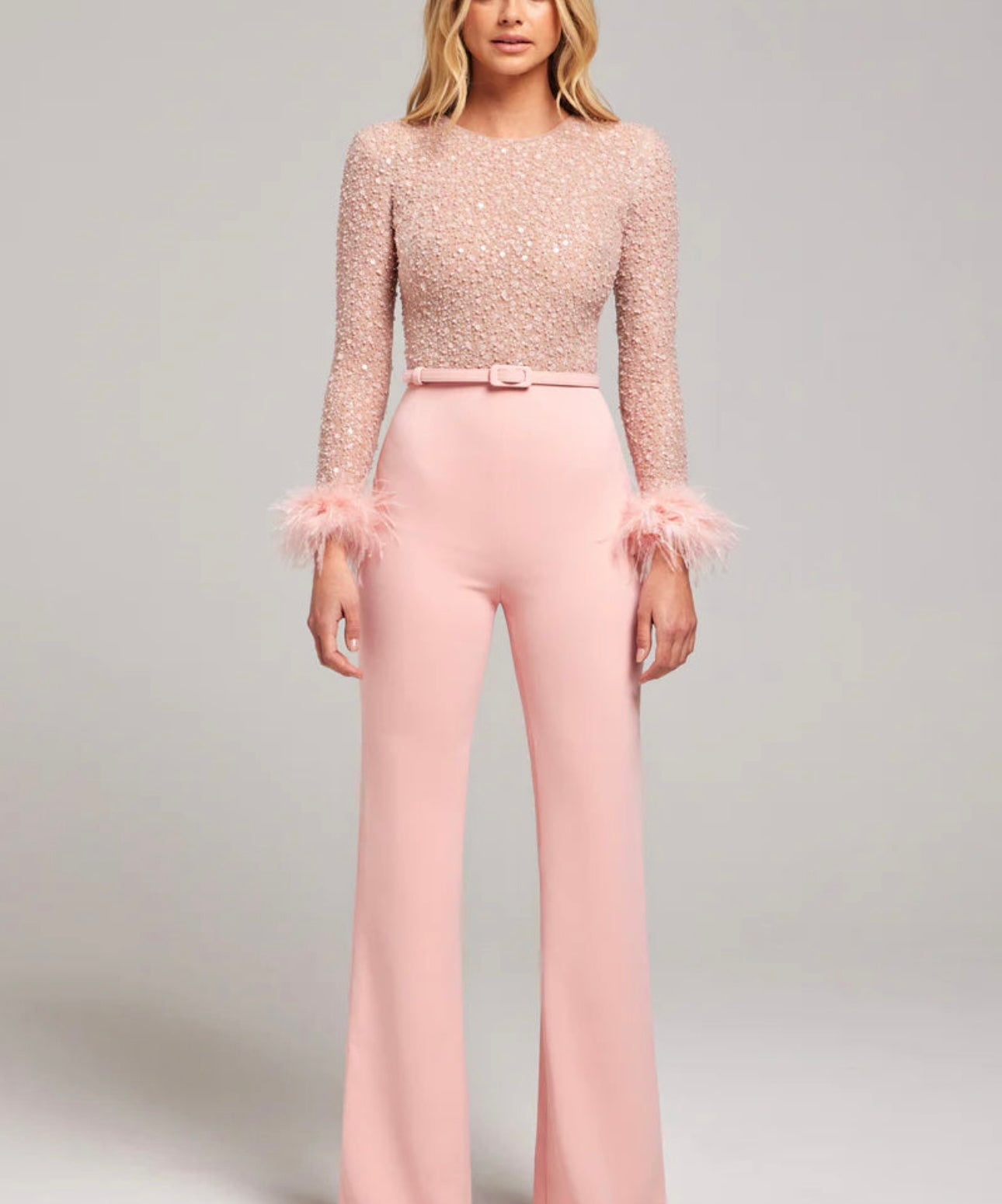 Nadine Merabi Pink Amelia Pearl Sequinned Feather Trim Cuff Jumpsuit by Nadine Merabi available for hire in Australia