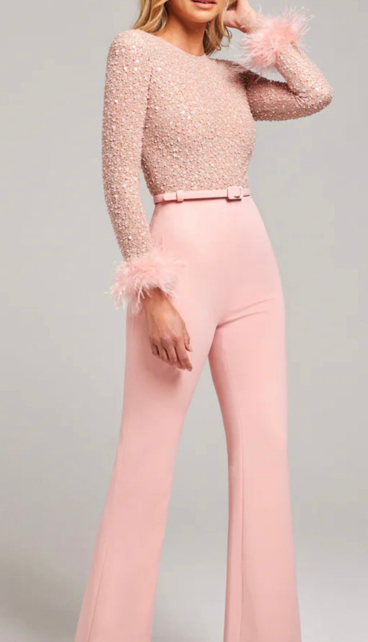 Nadine Merabi Pink Amelia Pearl Sequinned Feather Trim Cuff Jumpsuit by Nadine Merabi available for hire in Australia