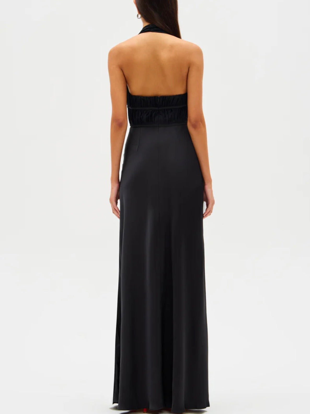 Celine Black Satin Maxi Dress by Misha available for hire in Mermaid Beach, QLD