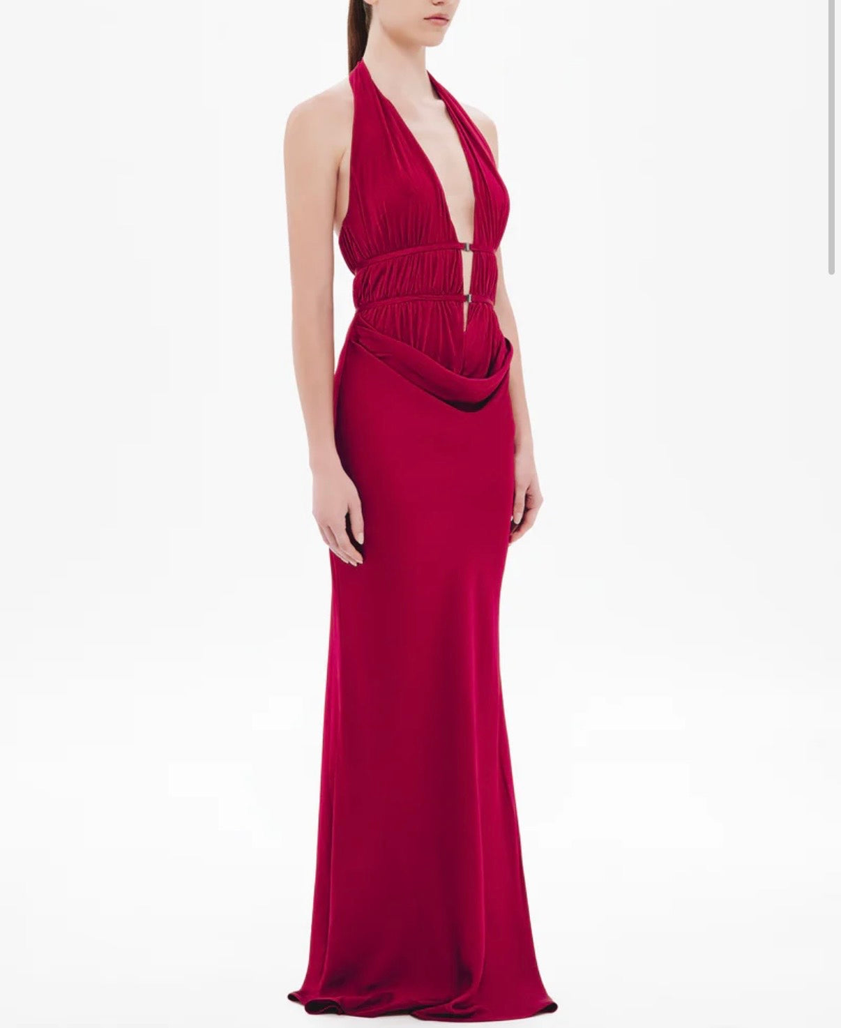 Celine Red Satin Maxi Dress by Misha available for hire in Mermaid Beach, QLD