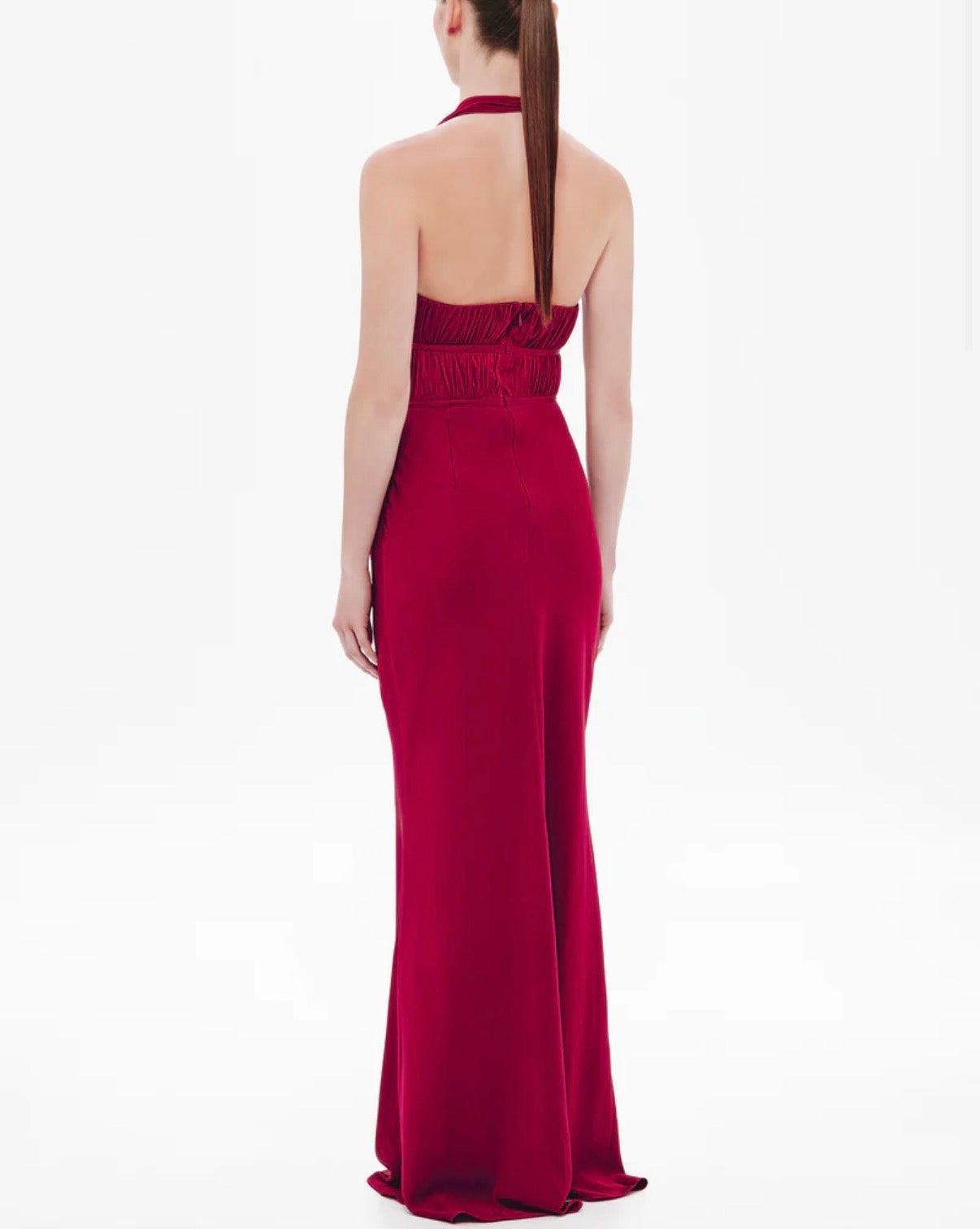 Celine Red Satin Maxi Dress by Misha available for hire in Mermaid Beach, QLD