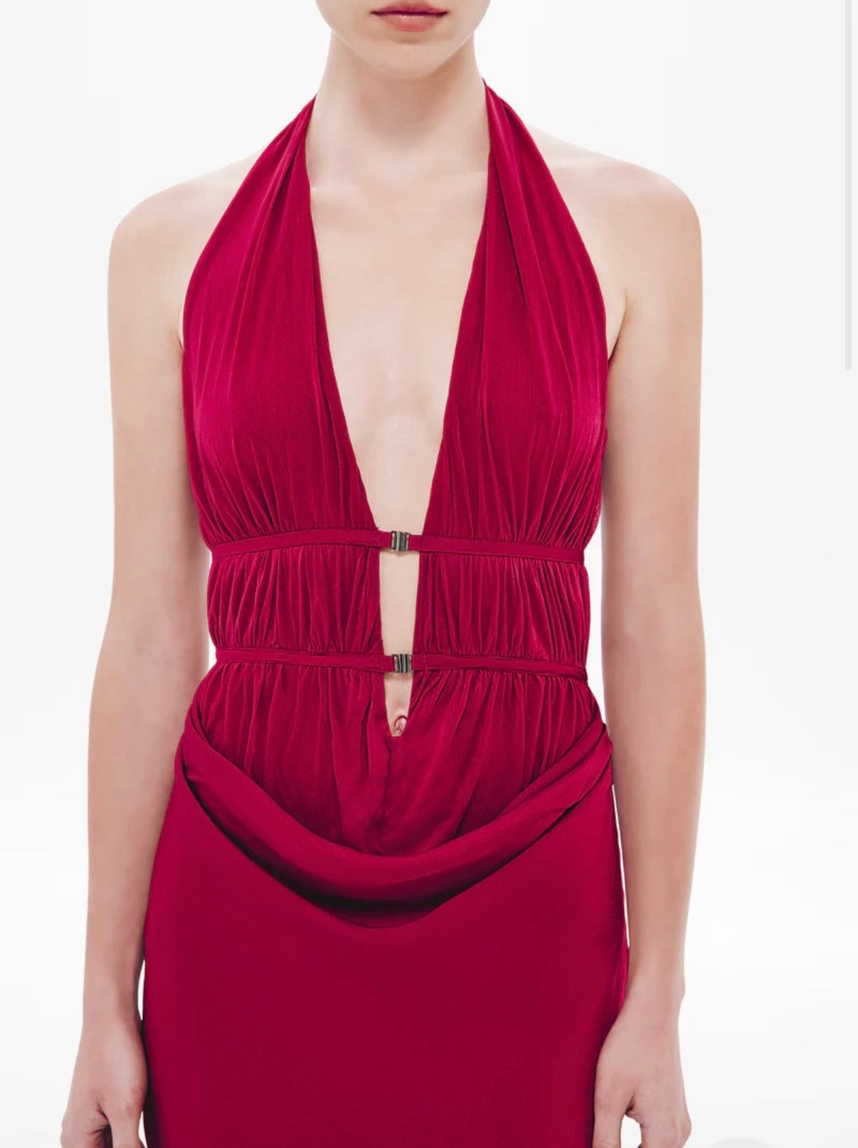 Celine Red Satin Maxi Dress by Misha available for hire in Mermaid Beach, QLD