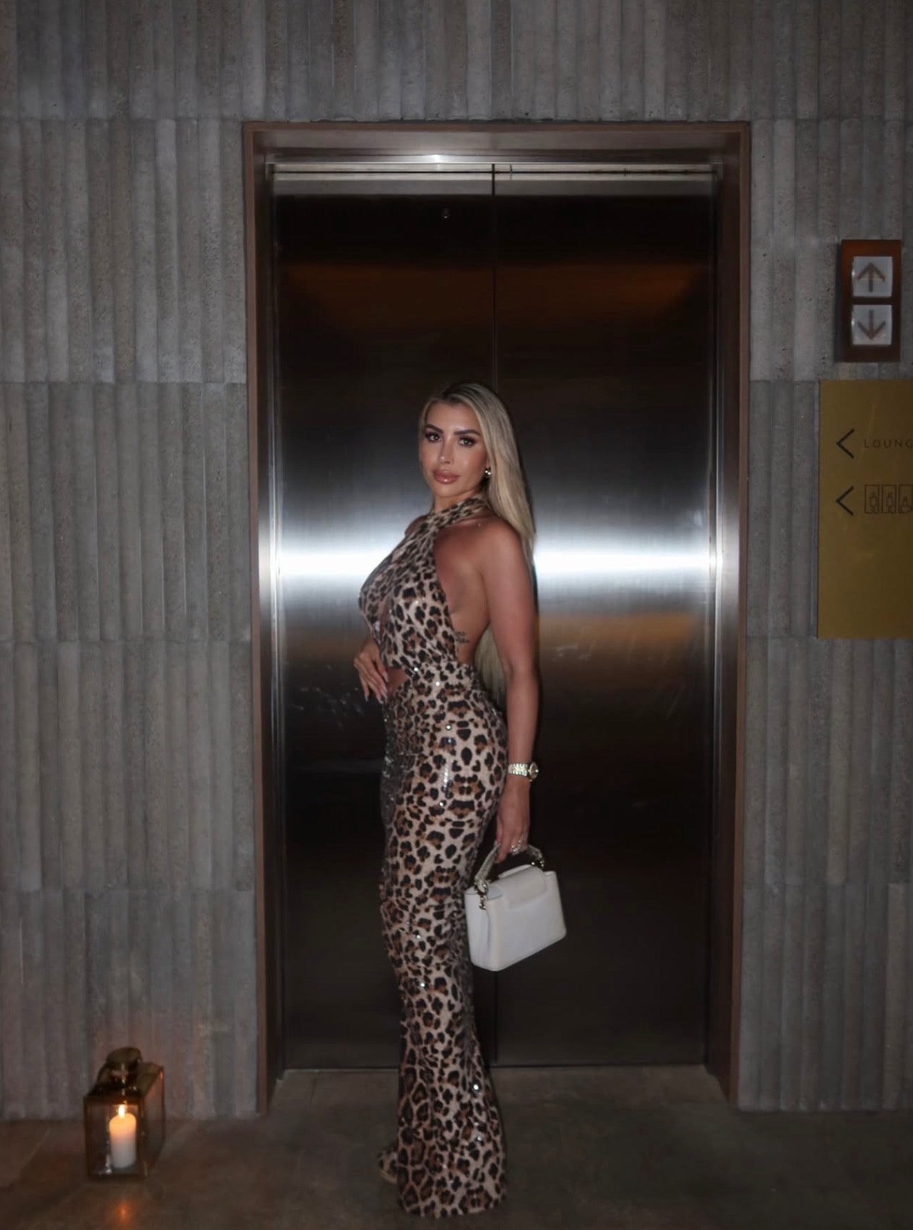 Cristine leopard sequin halter by Jessica bara available for hire in Bondi, NSW