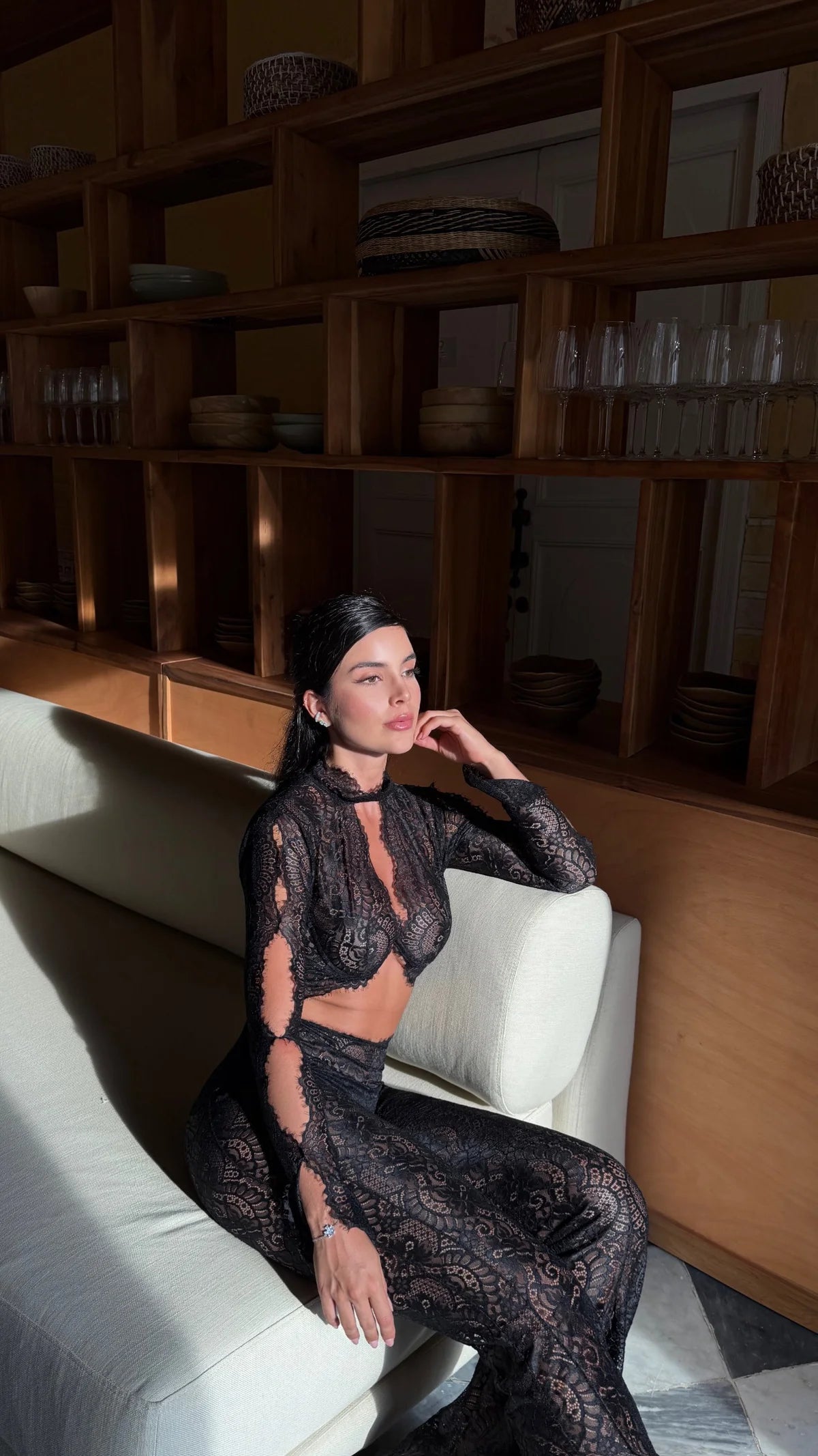 Midnight Lace jumpsuit by Murmuri available for hire in Bondi, NSW