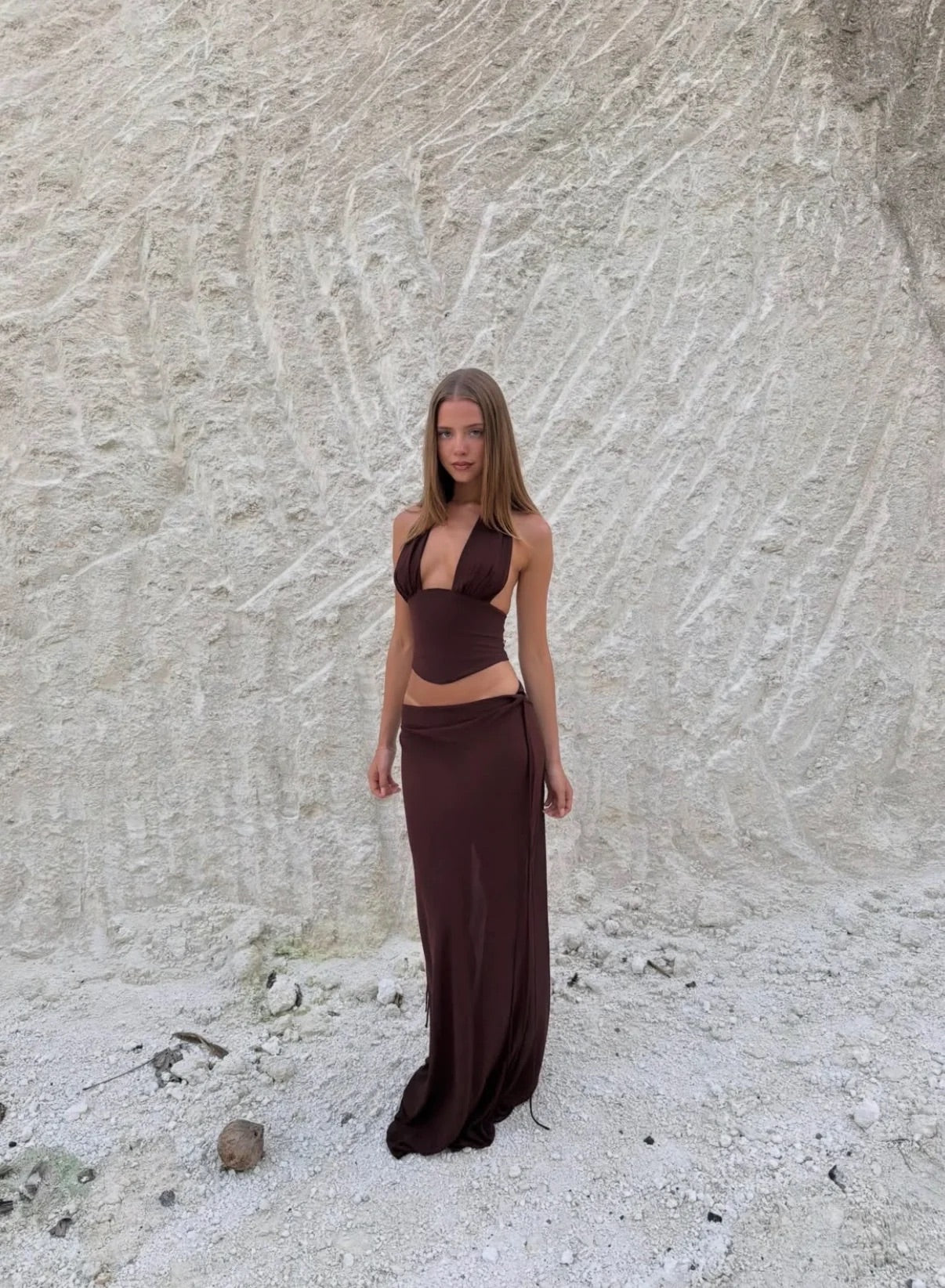 Bronte Top + Allira Maxi Skirt in Espresso by Natalie Rolt available for hire in Gold Coast, QLD