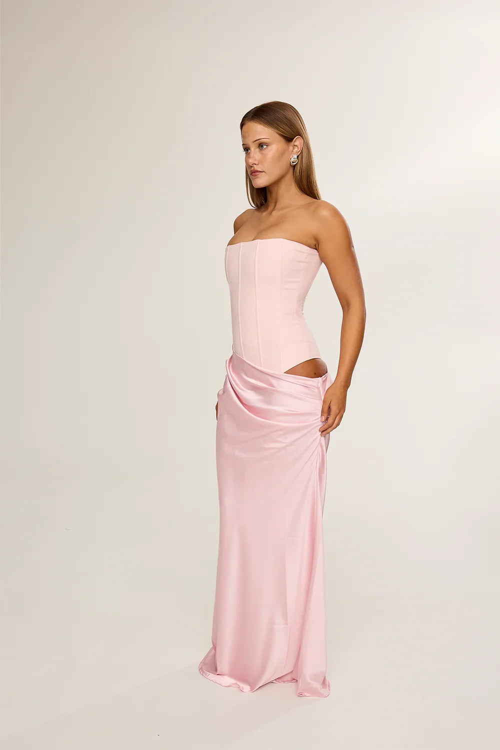 Huxley Gown In Baby Pink by HNTR The Label available for hire in Gold Coast, QLD