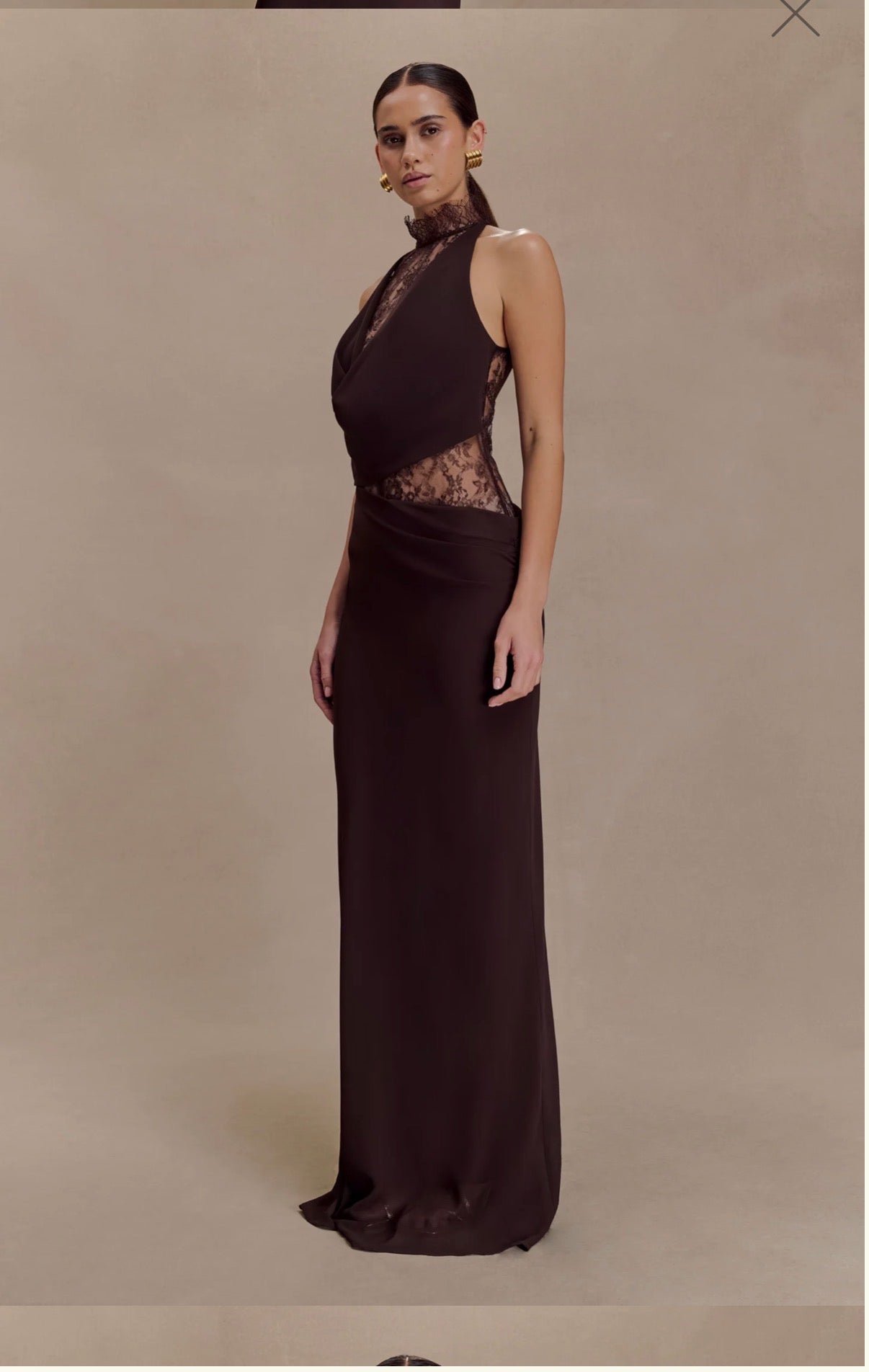 Arra maxi dress in cacao brown by Meshki available for hire in Tanilba bay , NSW