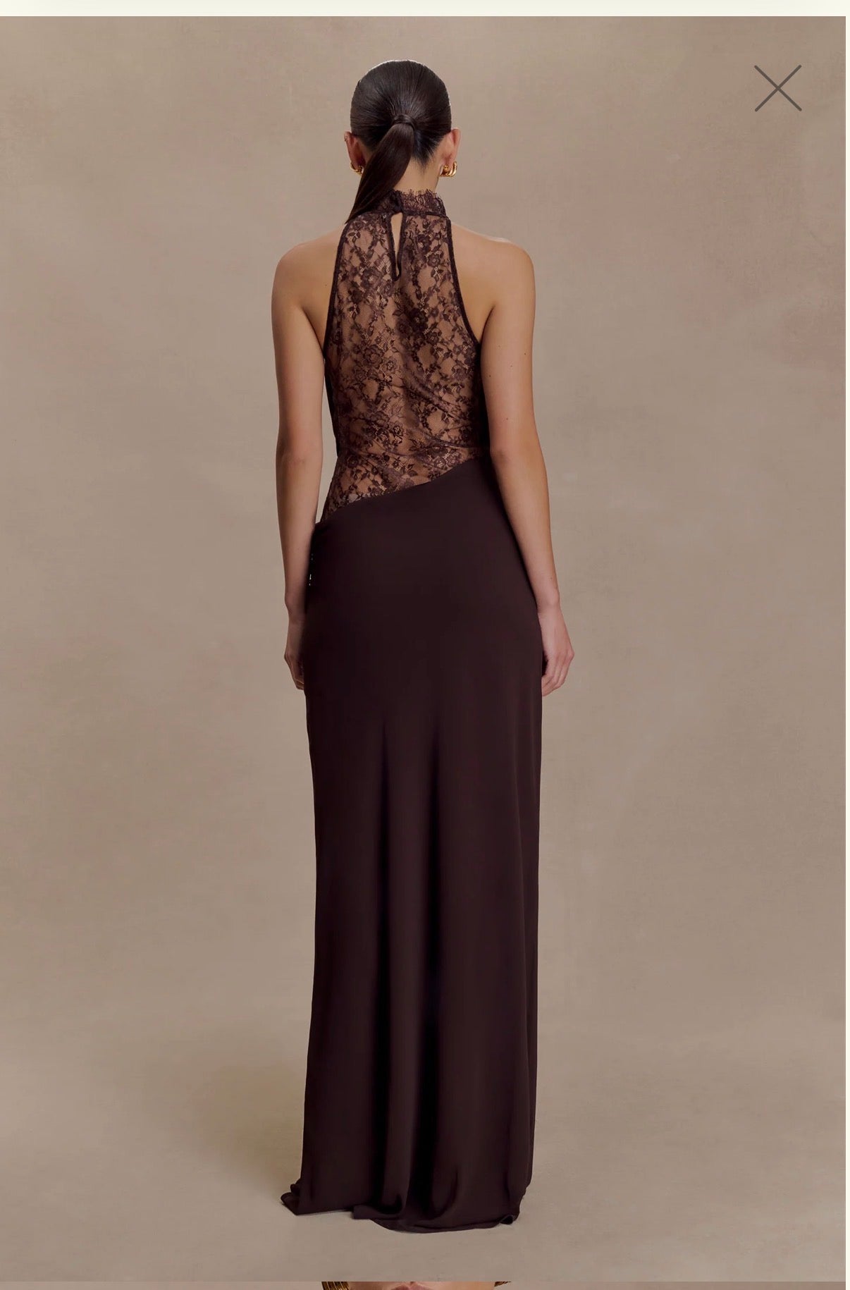 Arra maxi dress in cacao brown by Meshki available for hire in Tanilba bay , NSW
