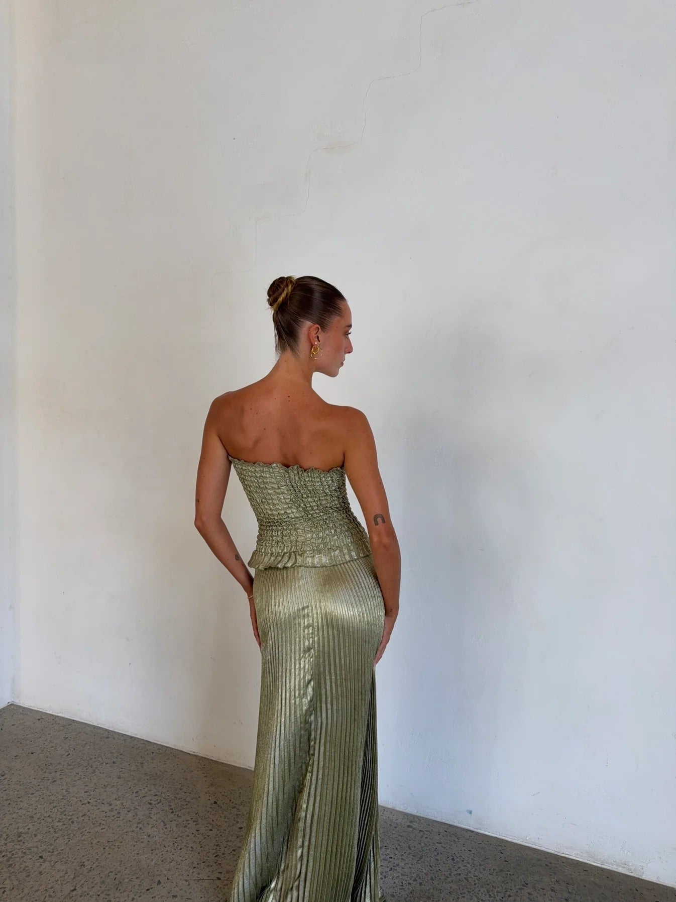 Maya Gown in Sage Shimmer by L'idee available for hire in Gold Coast, QLD