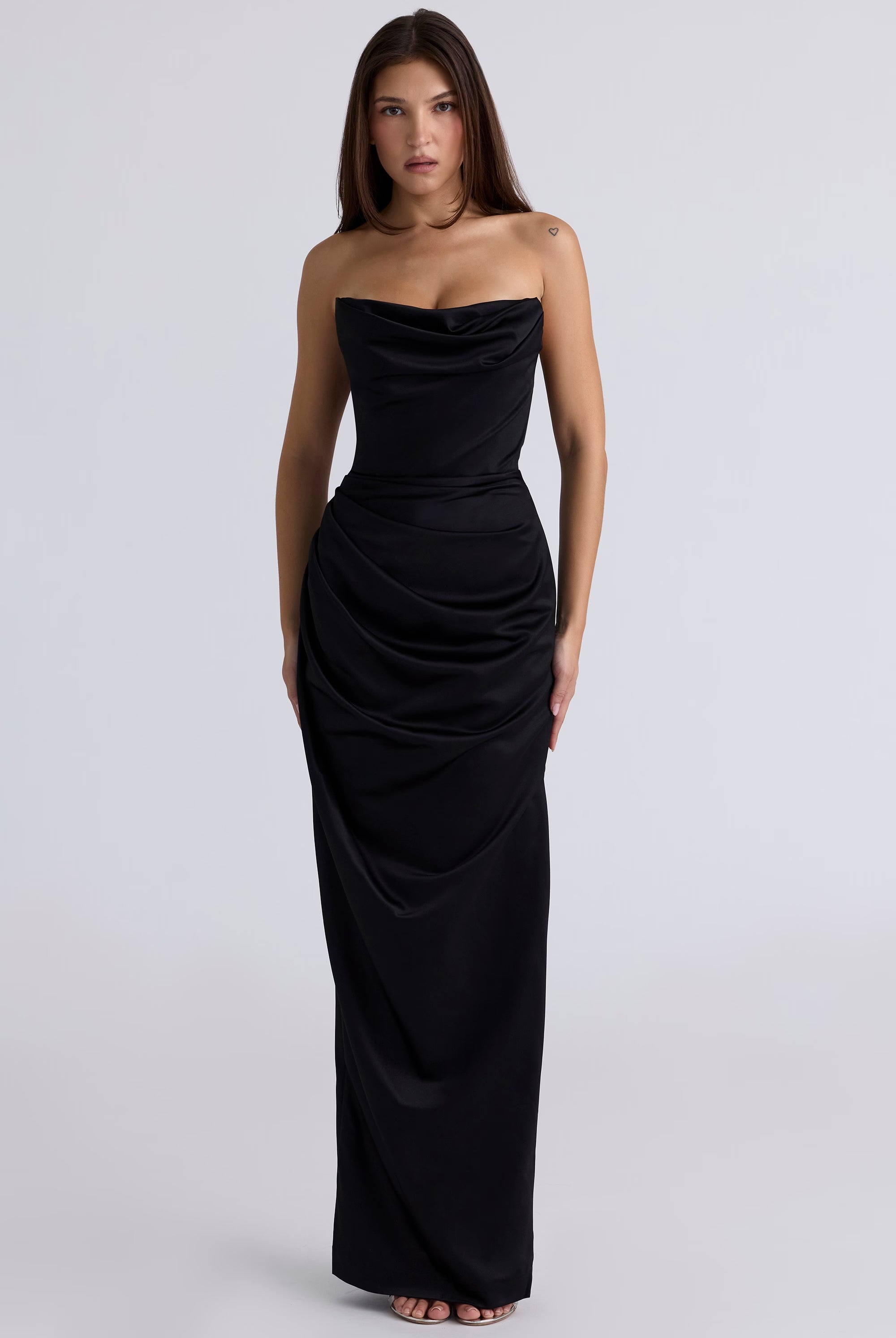 ADRIENNE Black Satin Strapless Corset Max by House of CB available for hire in Australia