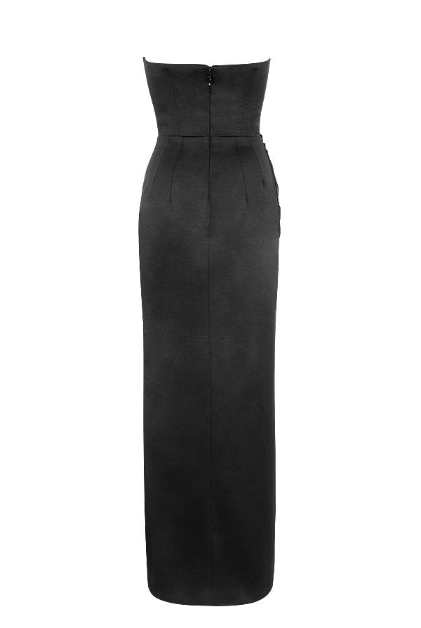 ADRIENNE Black Satin Strapless Corset Max by House of CB available for hire in Australia