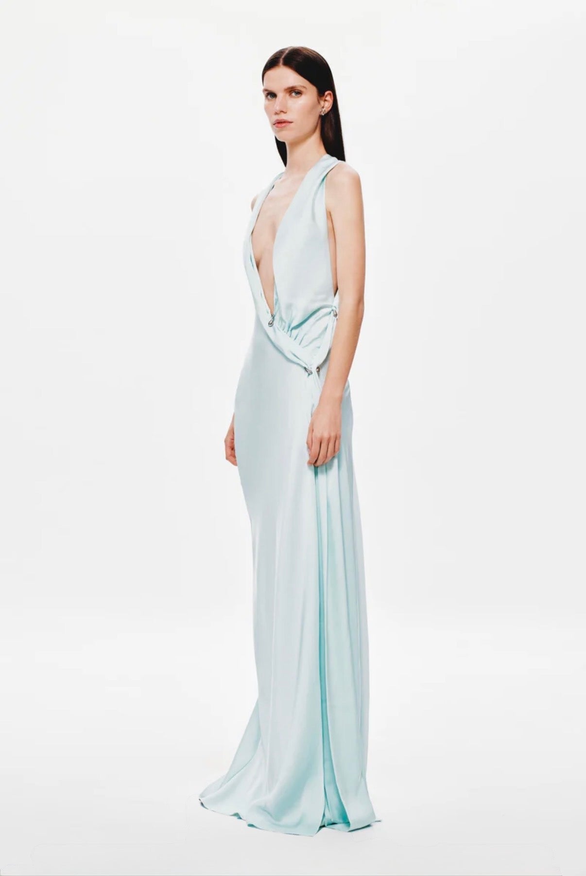 Harlow Satin Dress in Ice Blue by Misha available for hire in Sydney, NSW