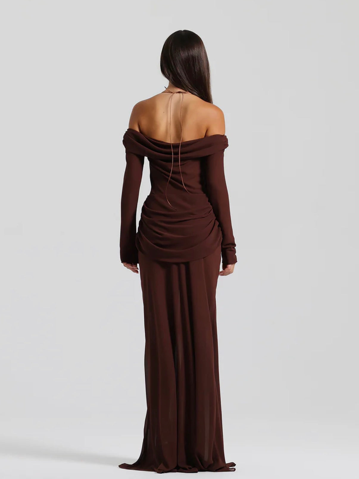Emily Gown Espresso by Natalie Rolt available for hire in Australia