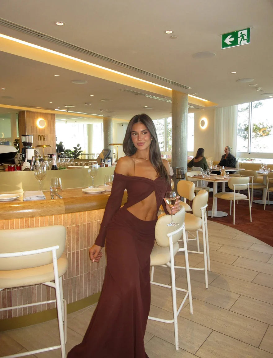 Emily Gown Espresso by Natalie Rolt available for hire in Australia