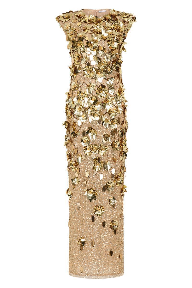Hugo Gown Gold 3/AU12 by Rachel Gilbert available for hire in Hampton East, VIC