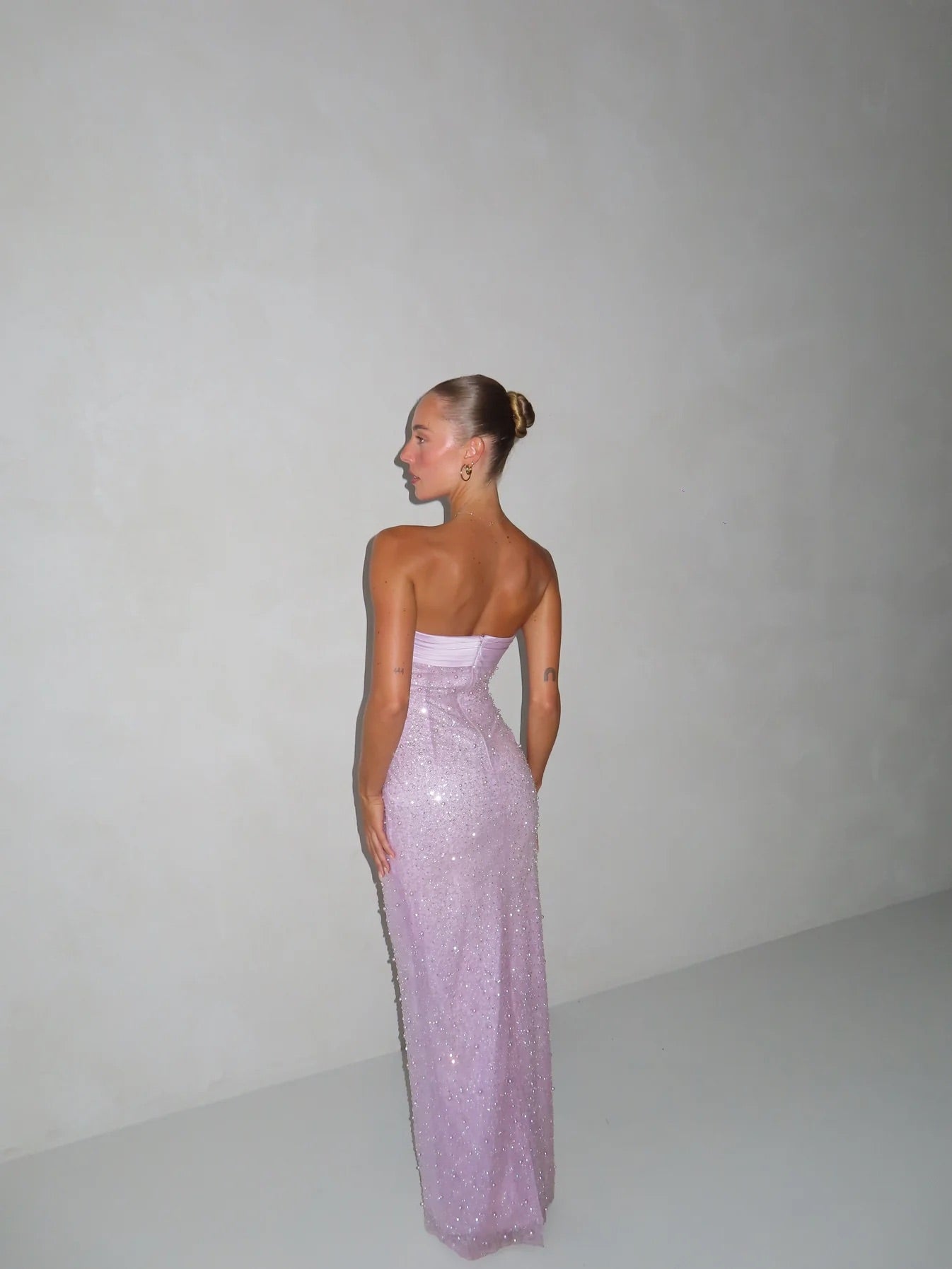 Lainey Purple Satin Sequin Pearls Beaded Maxi Dress by Miss Circle available for hire in Gold Coast, QLD