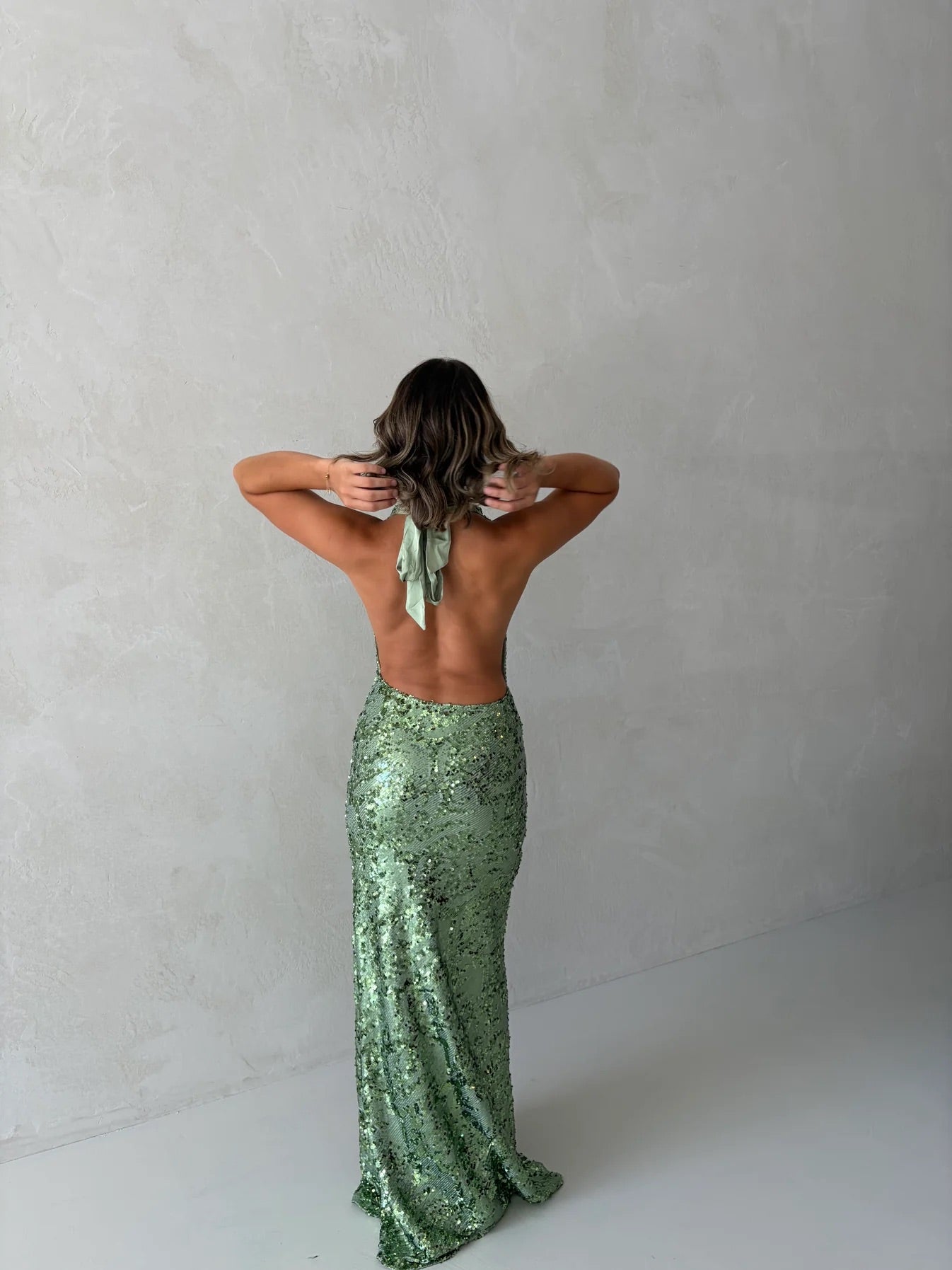 Liana Dress in Seafoam Sequin by Fait Par Foutch available for hire in Gold Coast, QLD