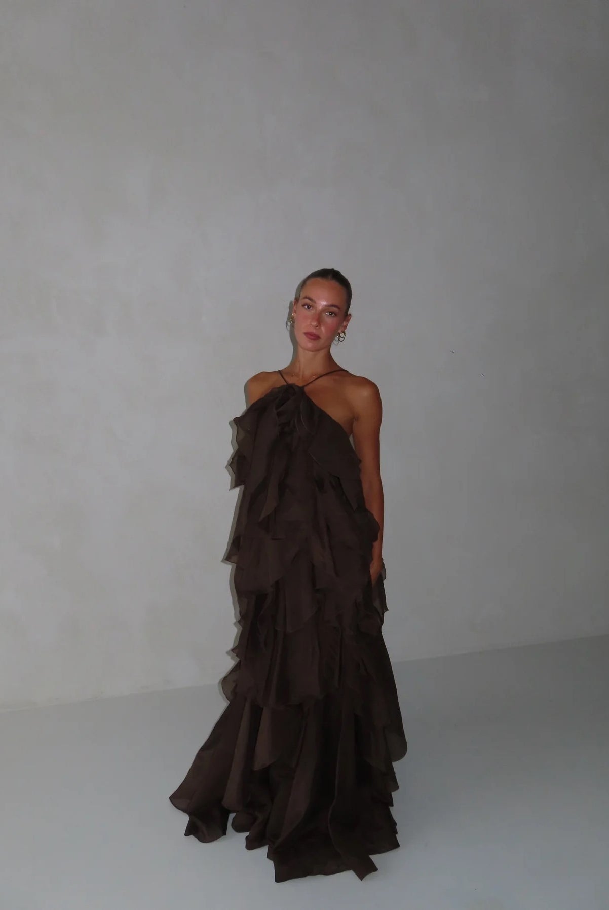 Pandorea Layered Maxi Dress In Brown by Aje available for hire in Gold Coast, QLD
