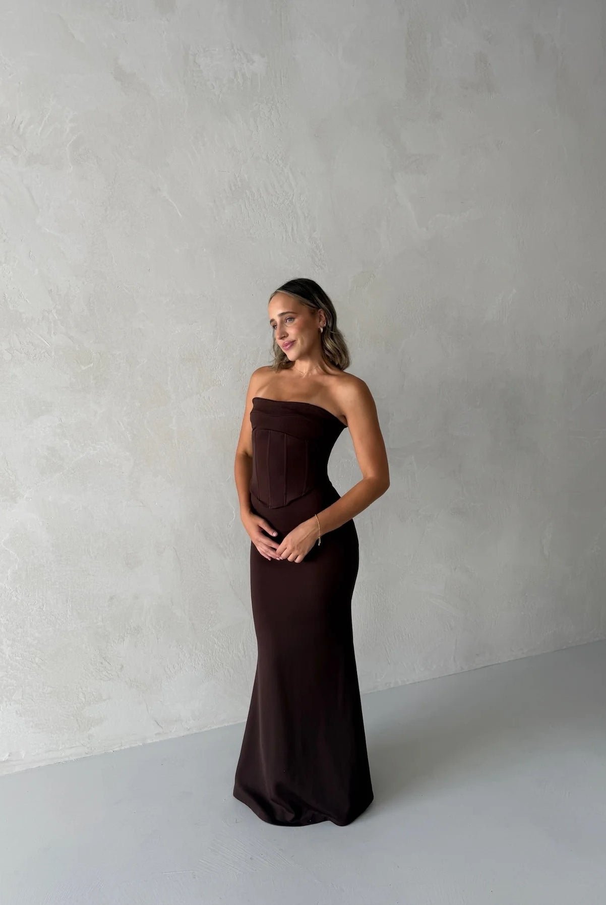 Sloane Dress in Brown by Natalie Rolt available for hire in Gold Coast, QLD