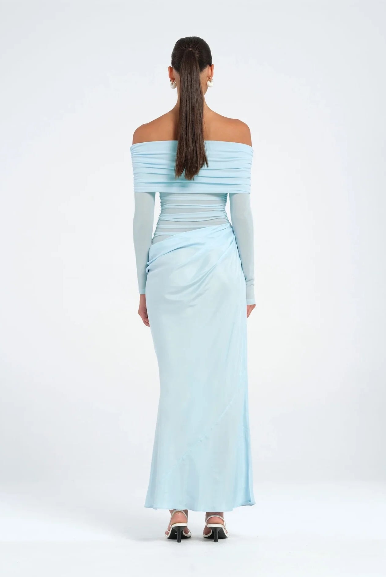 Yasmin Off Shoulder Dress in Baby Blue by Benni available for hire in Gold Coast, QLD