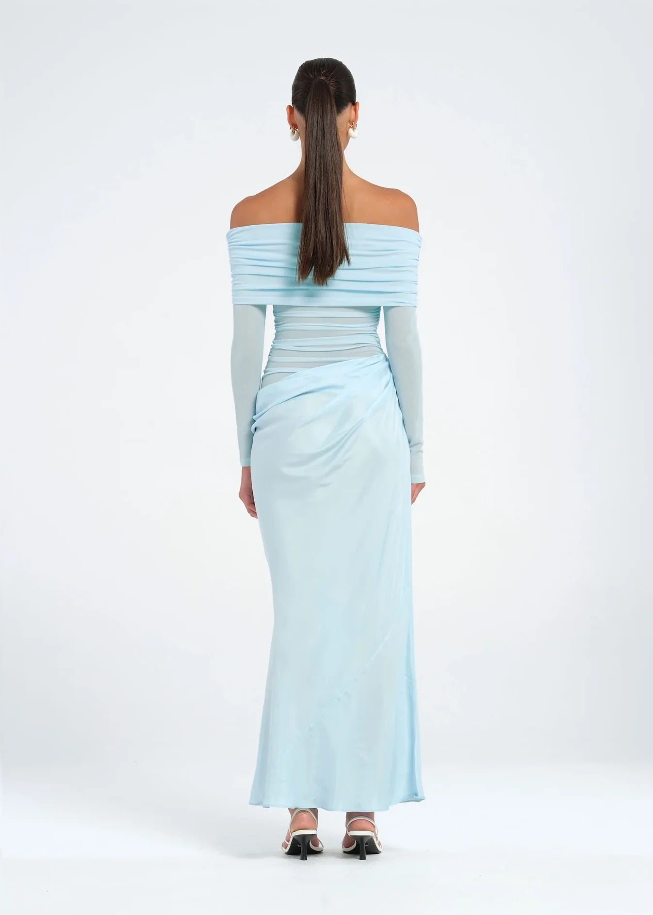 Yasmin Off Shoulder Dress in Baby Blue by Benni available for hire in Gold Coast, QLD