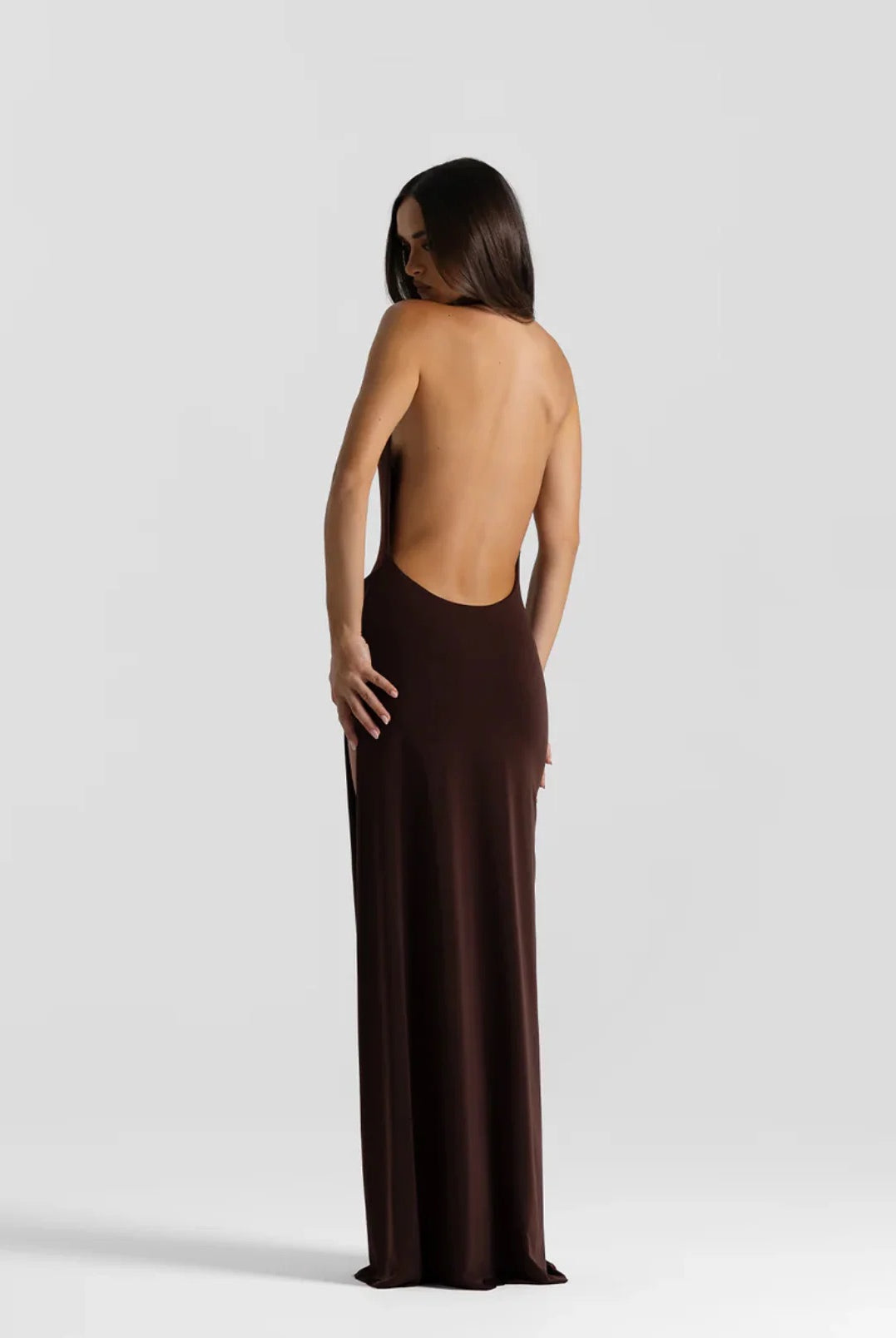 Winona Gown in Espresso by Natalie Rolt available for hire in Gold Coast, QLD