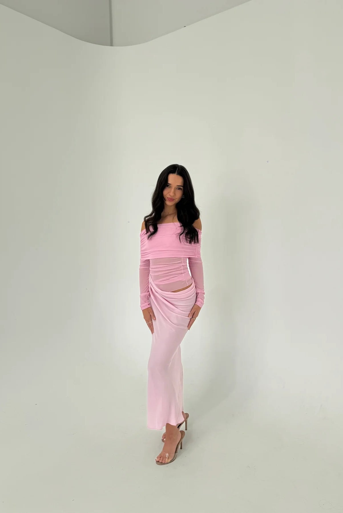 Yasmin Off Shoulder Dress in Baby Pink by Benni available for hire in Gold Coast, QLD