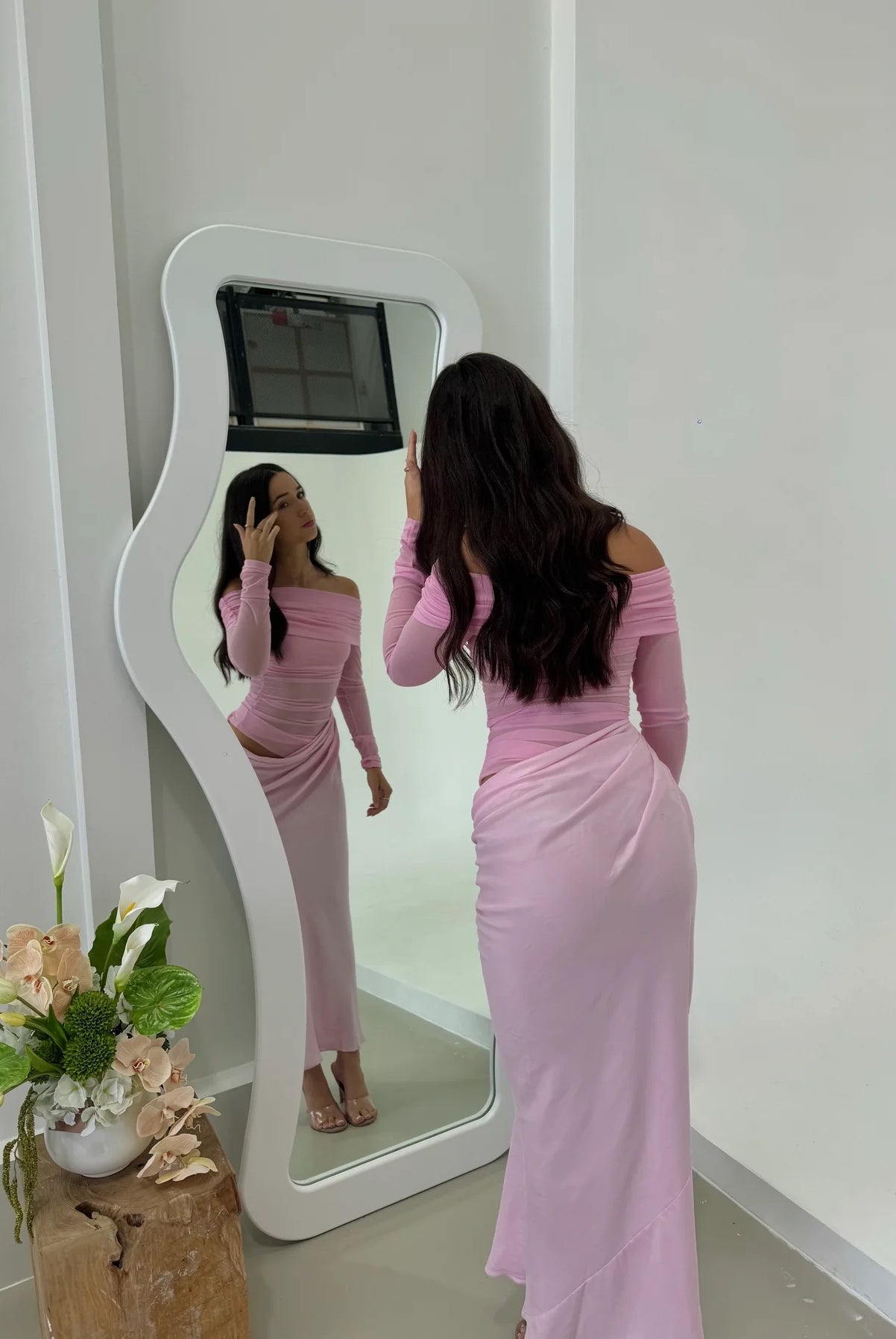 Yasmin Off Shoulder Dress in Baby Pink by Benni available for hire in Gold Coast, QLD