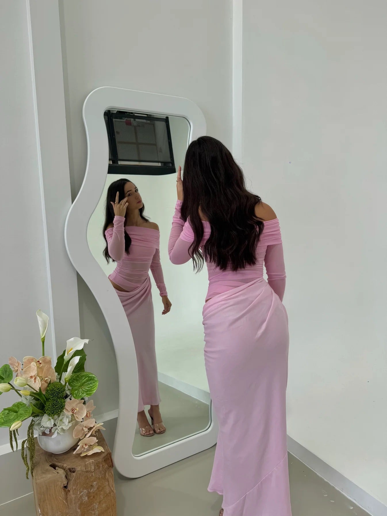 Yasmin Off Shoulder Dress in Baby Pink by Benni available for hire in Gold Coast, QLD