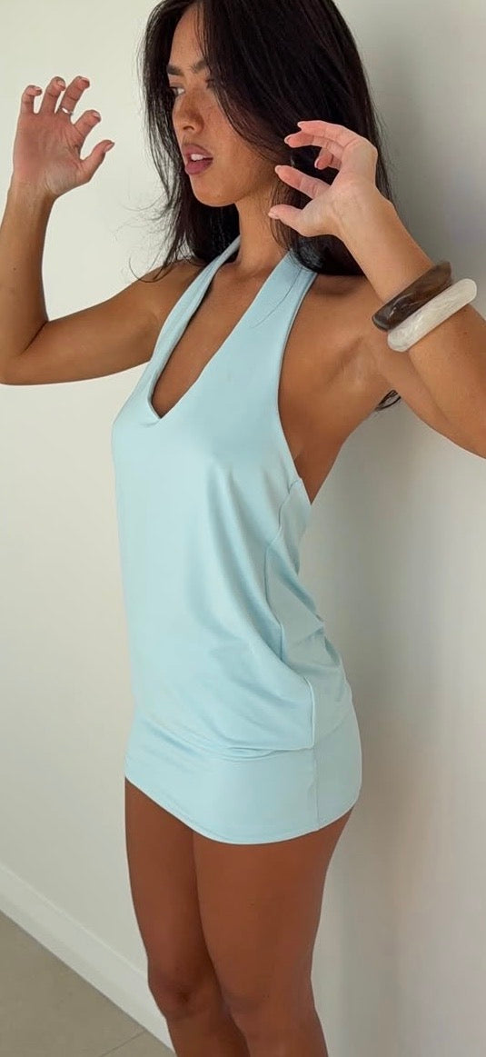 Aspen halter mini dress by Hntr the label available for hire in Tanilba bay , NSW