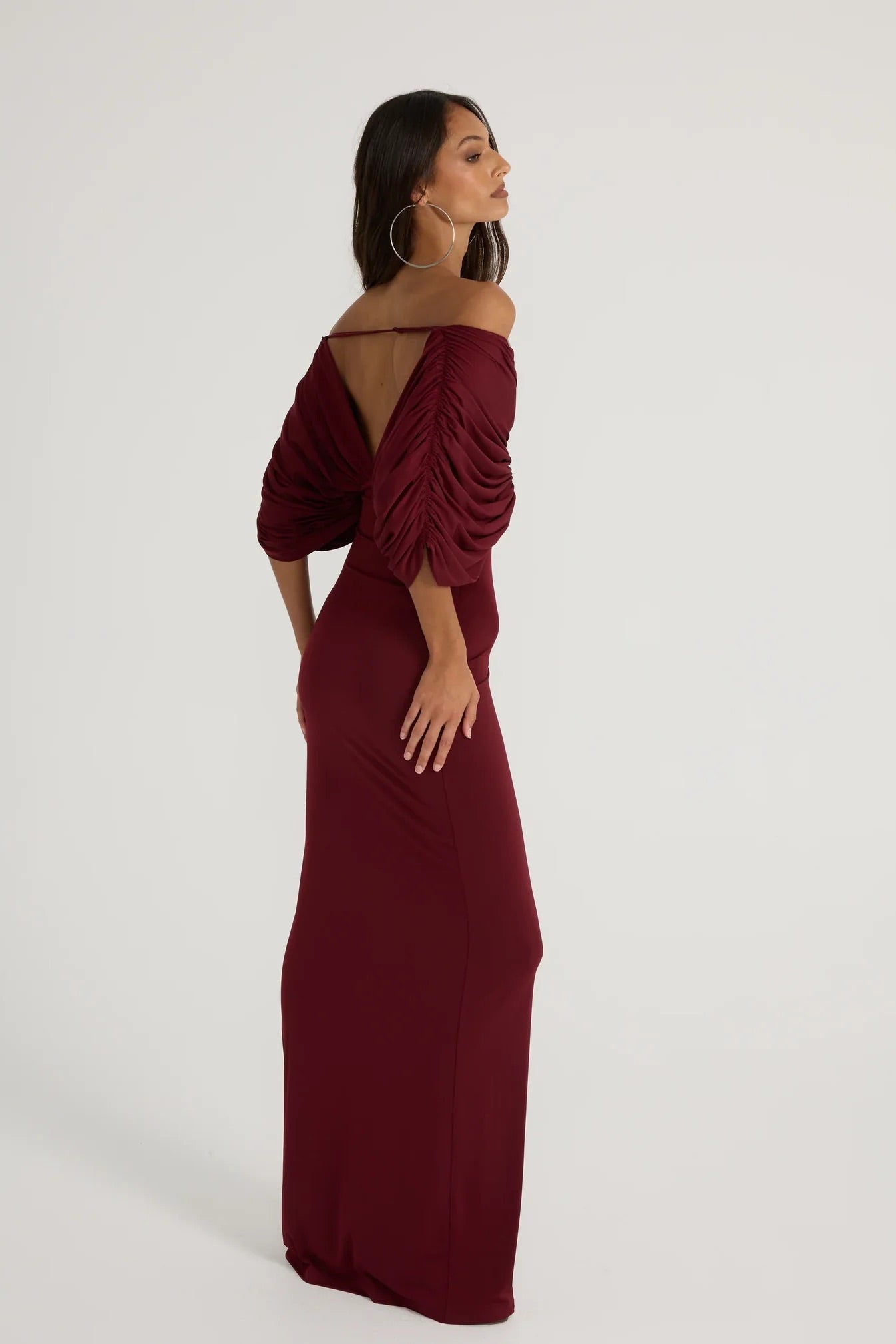 Neve Dress in Burgundy by Ance Gria available for hire in Gold Coast, QLD