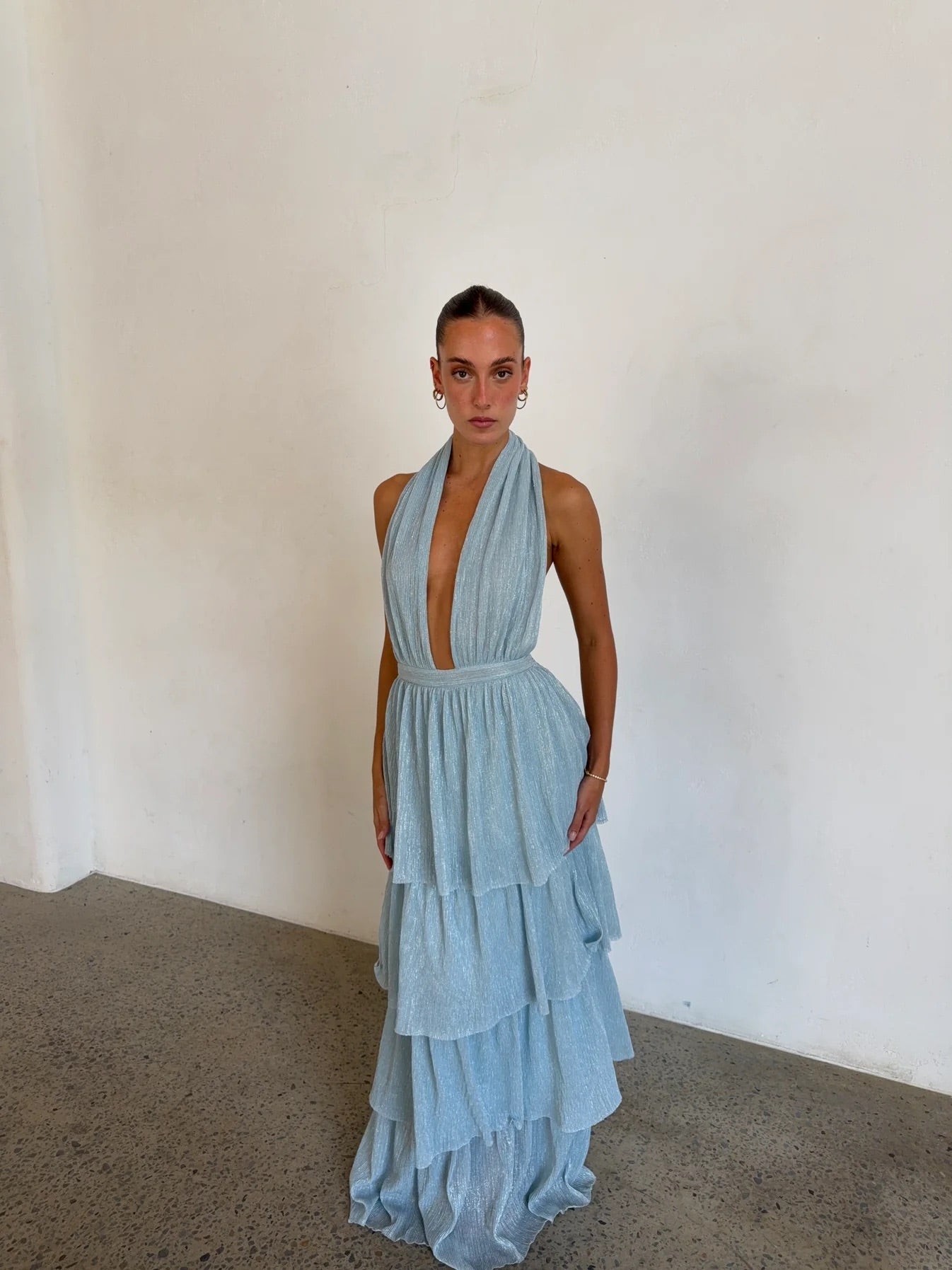 Nammos Gown in Glacier Moonlight by L'idee available for hire in Gold Coast, QLD