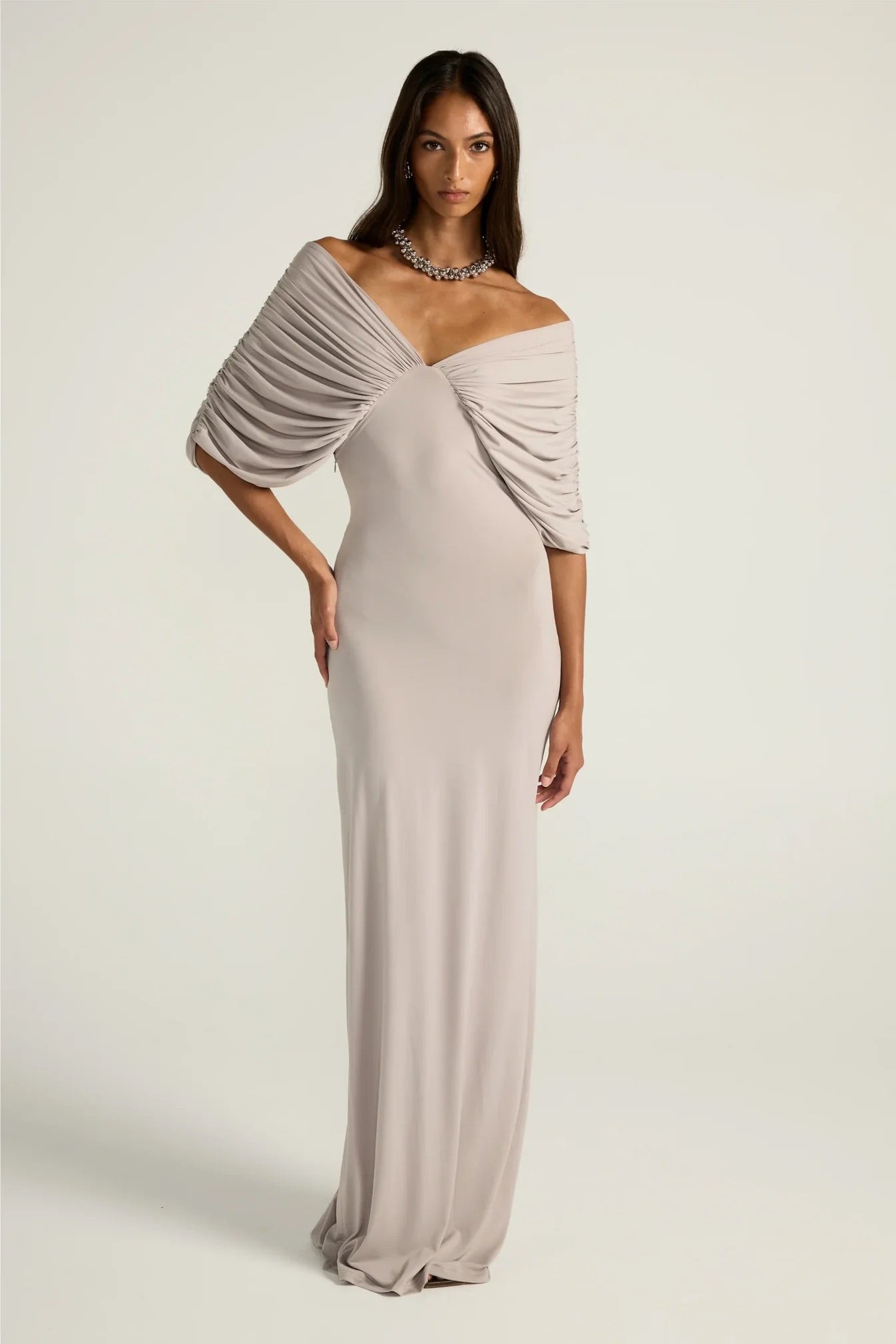 Neve Dress in Grey by Ance Gria available for hire in Gold Coast, QLD