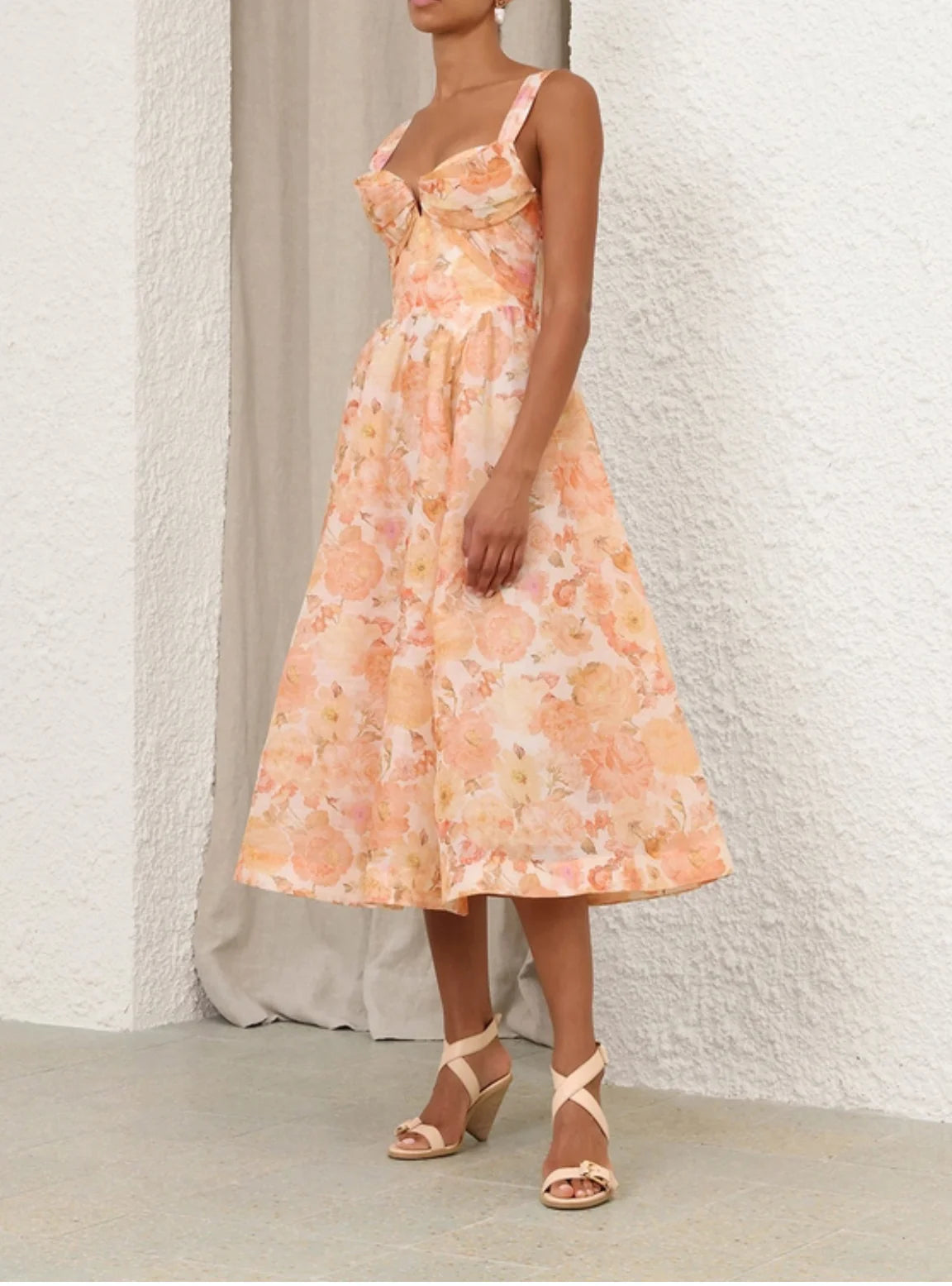 Rebellion Drape Midi Dress in Golden Bloom by Zimmermann available for hire in Australia
