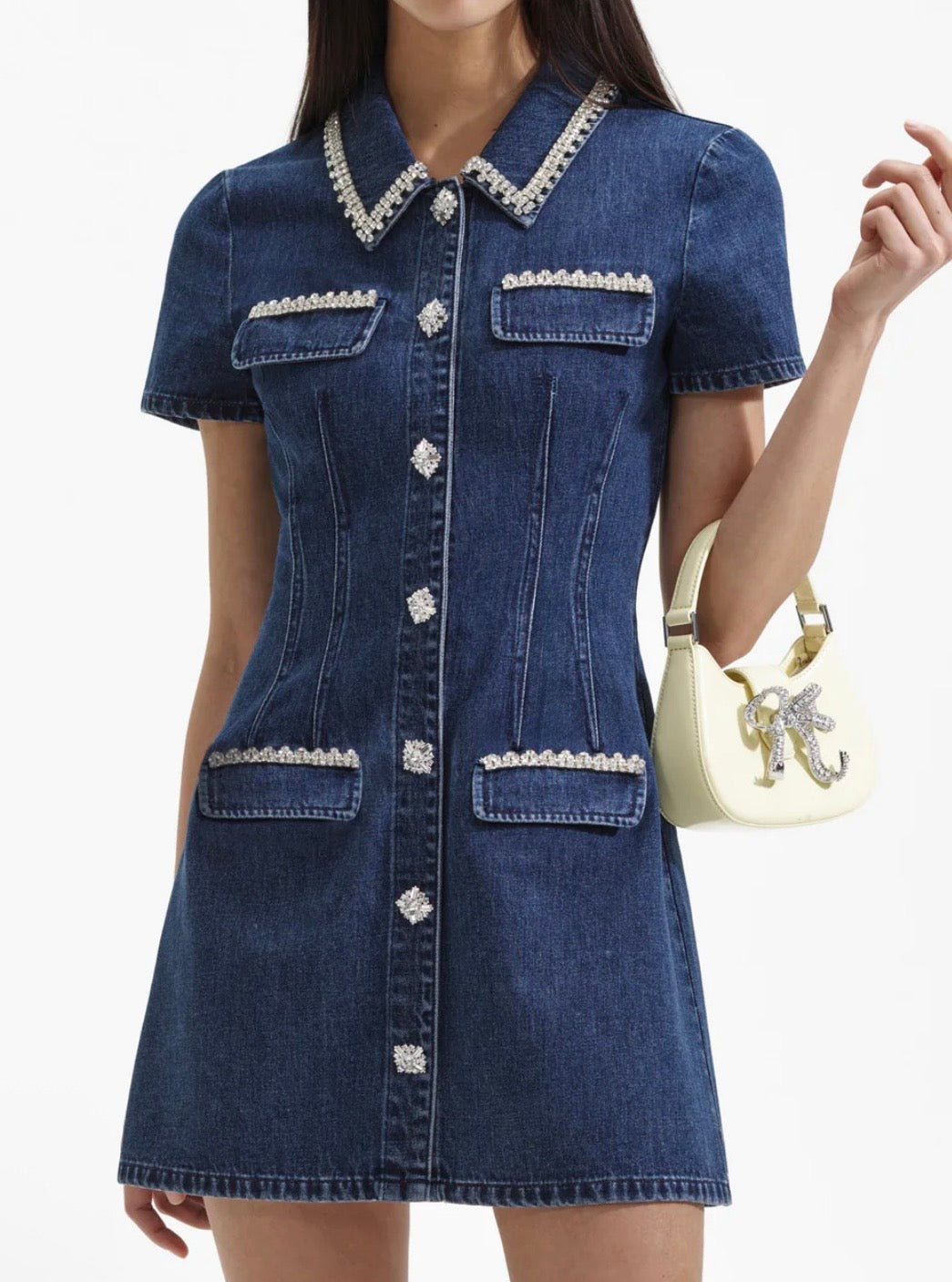 Denim Collared Mini Dress by Self Portrait available for hire in Mermaid Beach, QLD