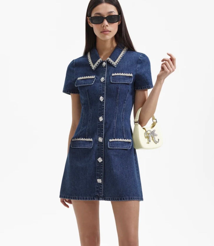 Denim Collared Mini Dress by Self Portrait available for hire in Mermaid Beach, QLD