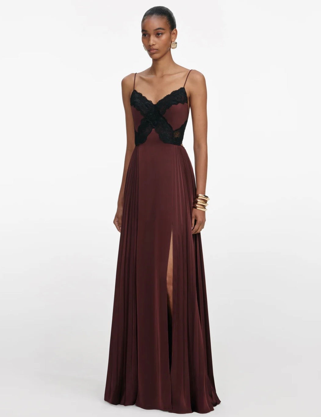Brown Satin Lace Maxi by Self Portrait available for hire in Mermaid Beach, QLD