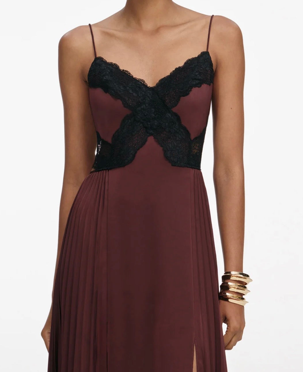 Brown Satin Lace Maxi by Self Portrait available for hire in Mermaid Beach, QLD