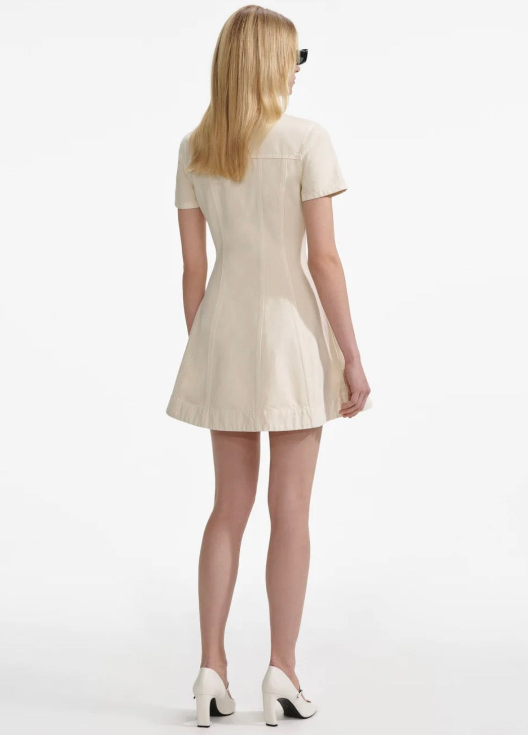 Cream Collard Denim Mini Dress by Self Portrait available for hire in Mermaid Beach, QLD