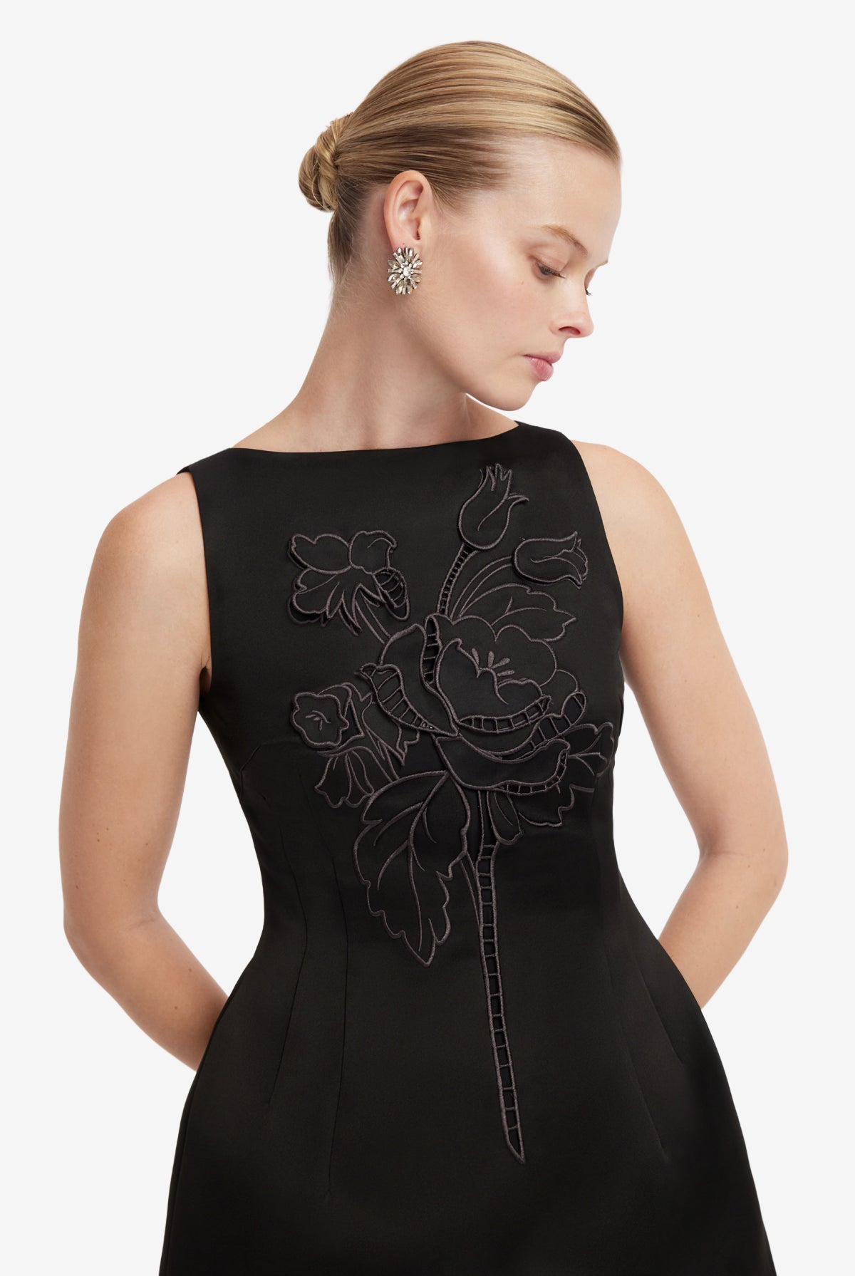 Ali Appliqué Boat Neck Mini Dress by Leo Lin available for hire in Camp Hill, QLD