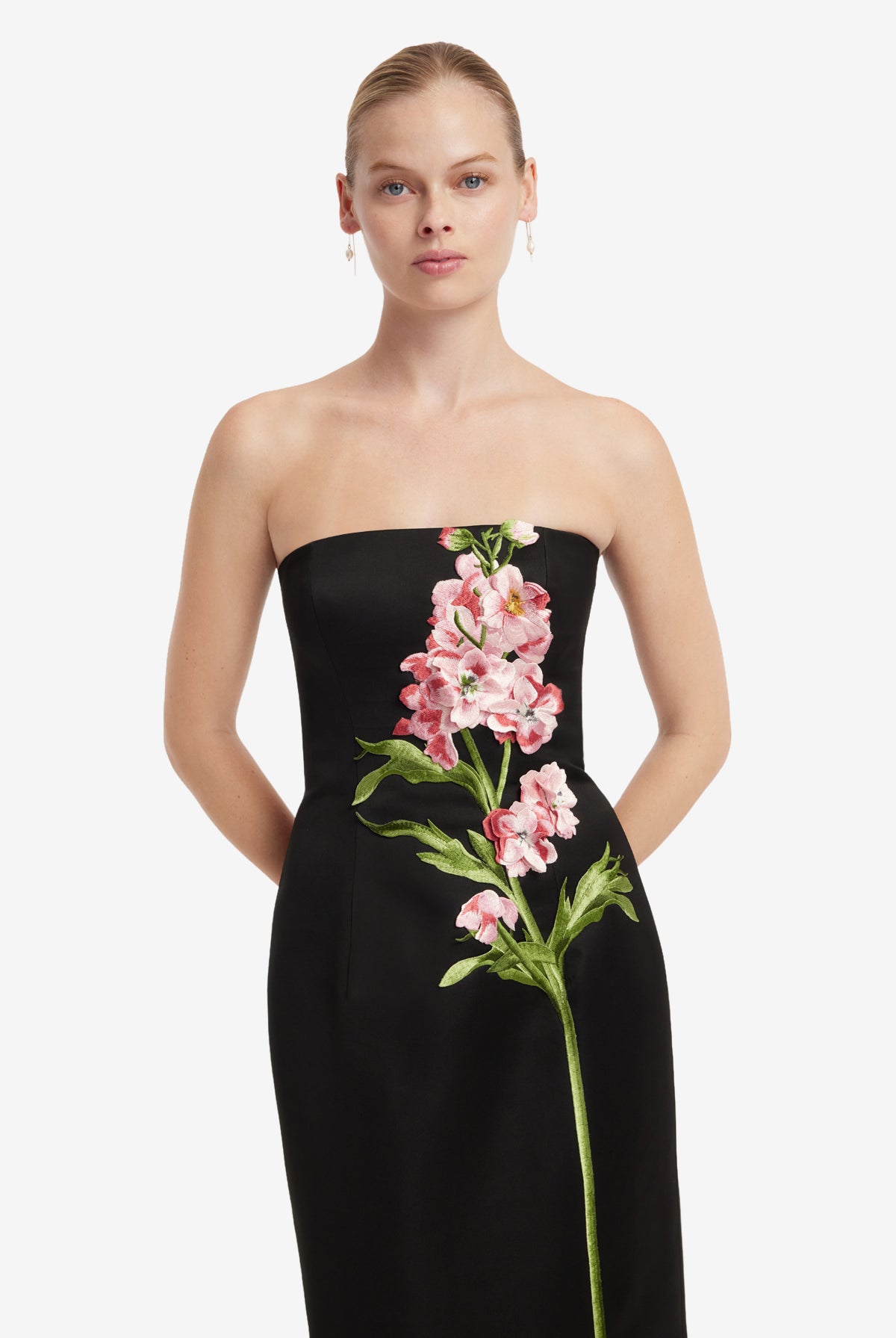 Rayna Embroidered Maxi Dress in Snapdragon Floral Print in Ebony by Leo Lin available for hire in Camp Hill, QLD