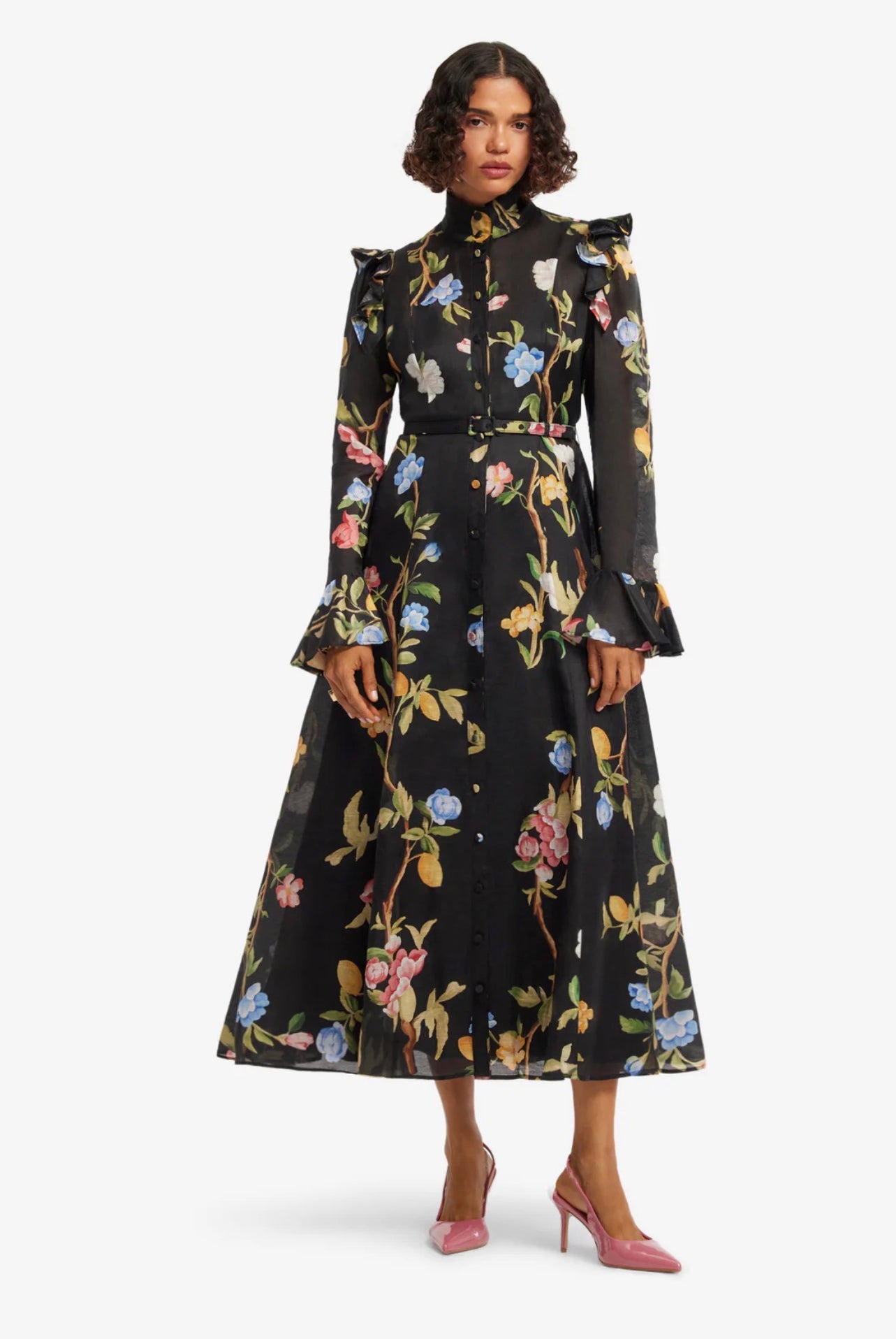 Leo Lin by Katrina Butterfly Sleeve Midi Dress in Lemon Vine Print in Ebony available for hire in Camp Hill, QLD