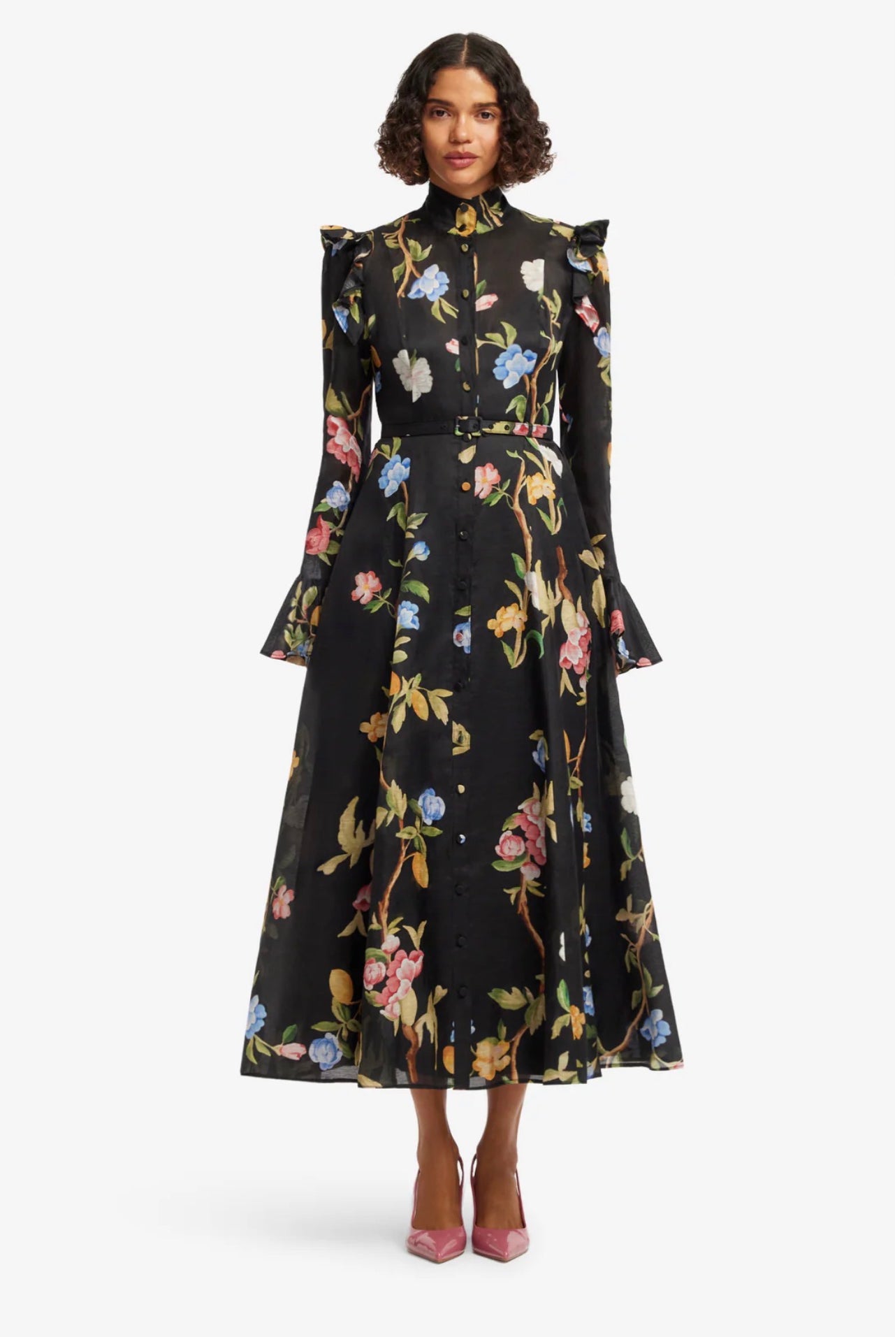 Leo Lin by Katrina Butterfly Sleeve Midi Dress in Lemon Vine Print in Ebony available for hire in Camp Hill, QLD