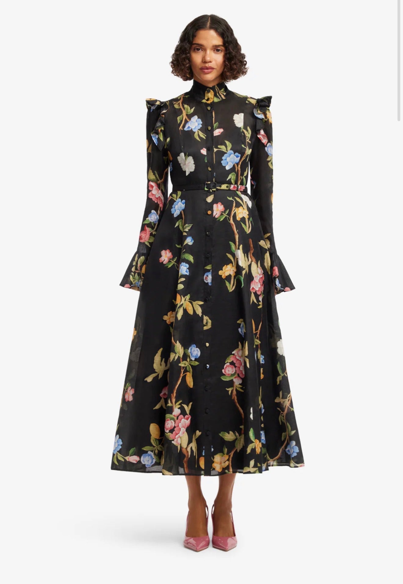 Leo Lin by Katrina Butterfly Sleeve Midi Dress in Lemon Vine Print in Ebony available for hire in Camp Hill, QLD