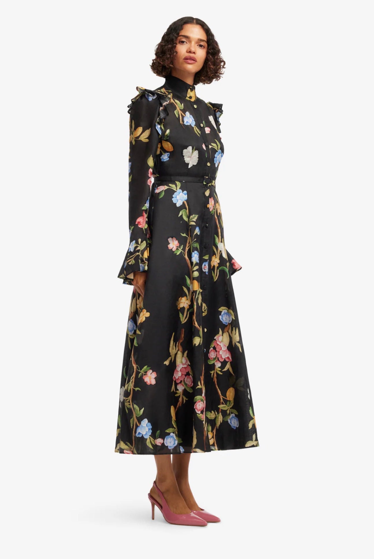 Leo Lin by Katrina Butterfly Sleeve Midi Dress in Lemon Vine Print in Ebony available for hire in Camp Hill, QLD