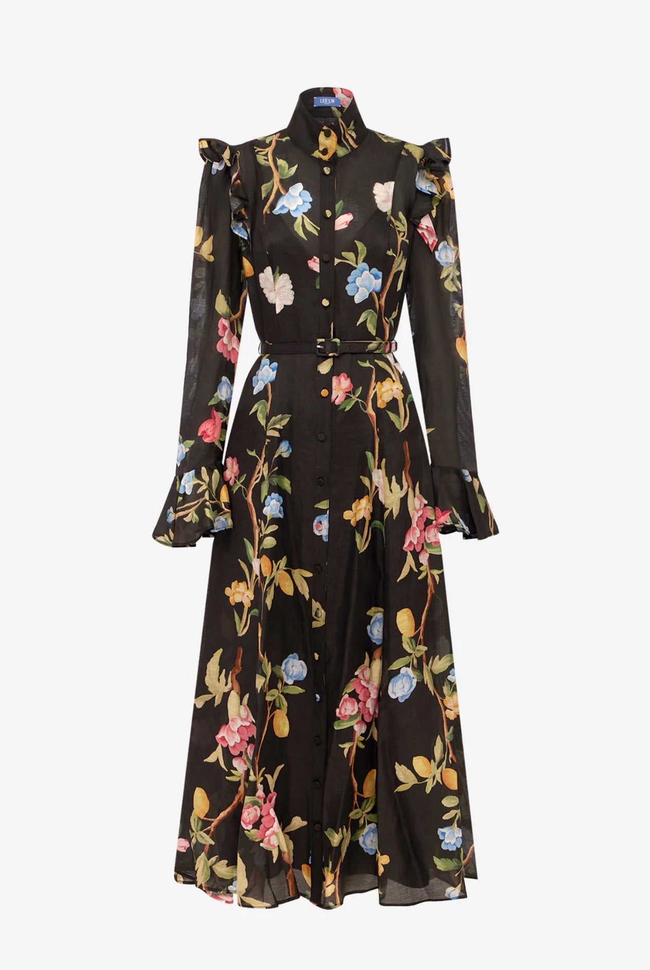 Leo Lin by Katrina Butterfly Sleeve Midi Dress in Lemon Vine Print in Ebony available for hire in Camp Hill, QLD