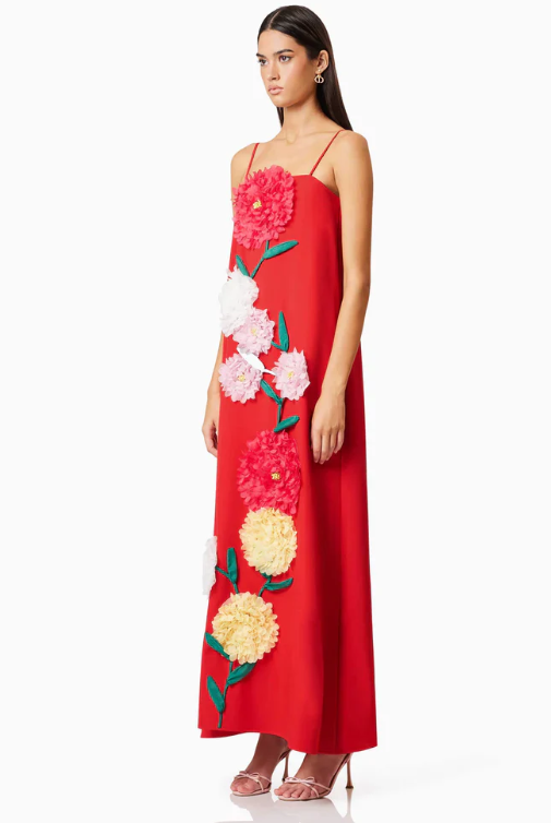 Buttercup Embroidered Maxi Dress In Red by Elliatt available for hire in Camp Hill, QLD