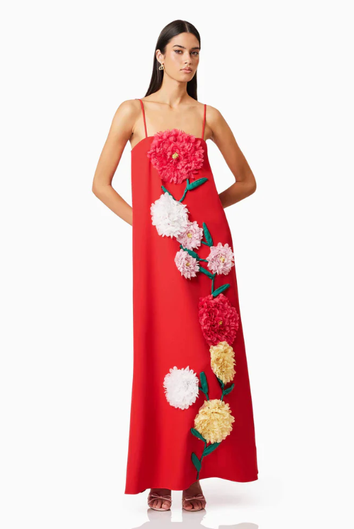 Buttercup Embroidered Maxi Dress In Red by Elliatt available for hire in Camp Hill, QLD