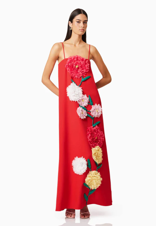 Buttercup Embroidered Maxi Dress In Red by Elliatt available for hire in Camp Hill, QLD